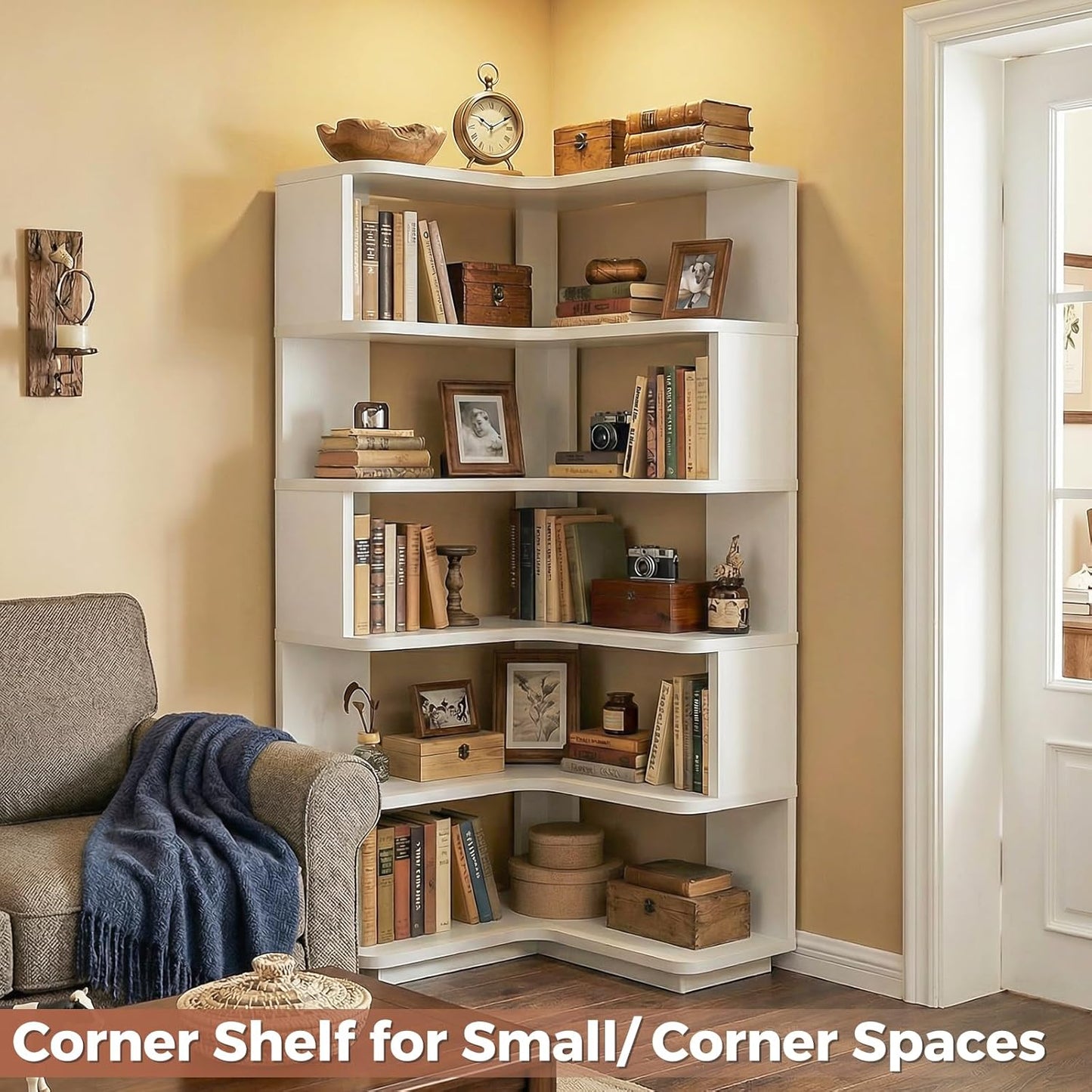 Corner Book Shelf, 6-Shelf Corner Bookshelf for Small Corner Spaces, L-Shape Bookcase Corner Display Shelf for Home Office, Living Room, Bedroom, White