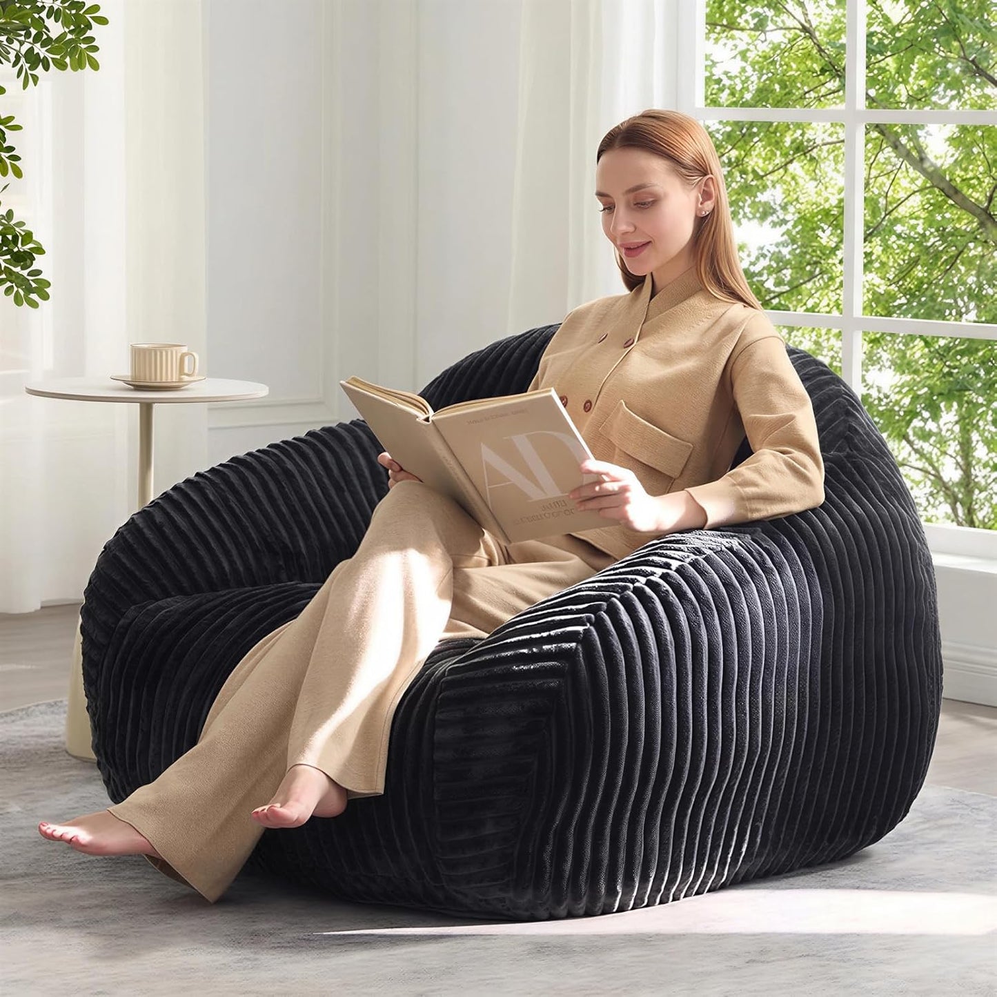 HUGHEAVEN Giant Bean Bag Chair for Adults & Kids, Comfy Big Bean Bag Couch with Armrests, Cozy Large Reading Chair with Back Support, Oversized Sofa for Bedroom, Living Room or Lounge, Black