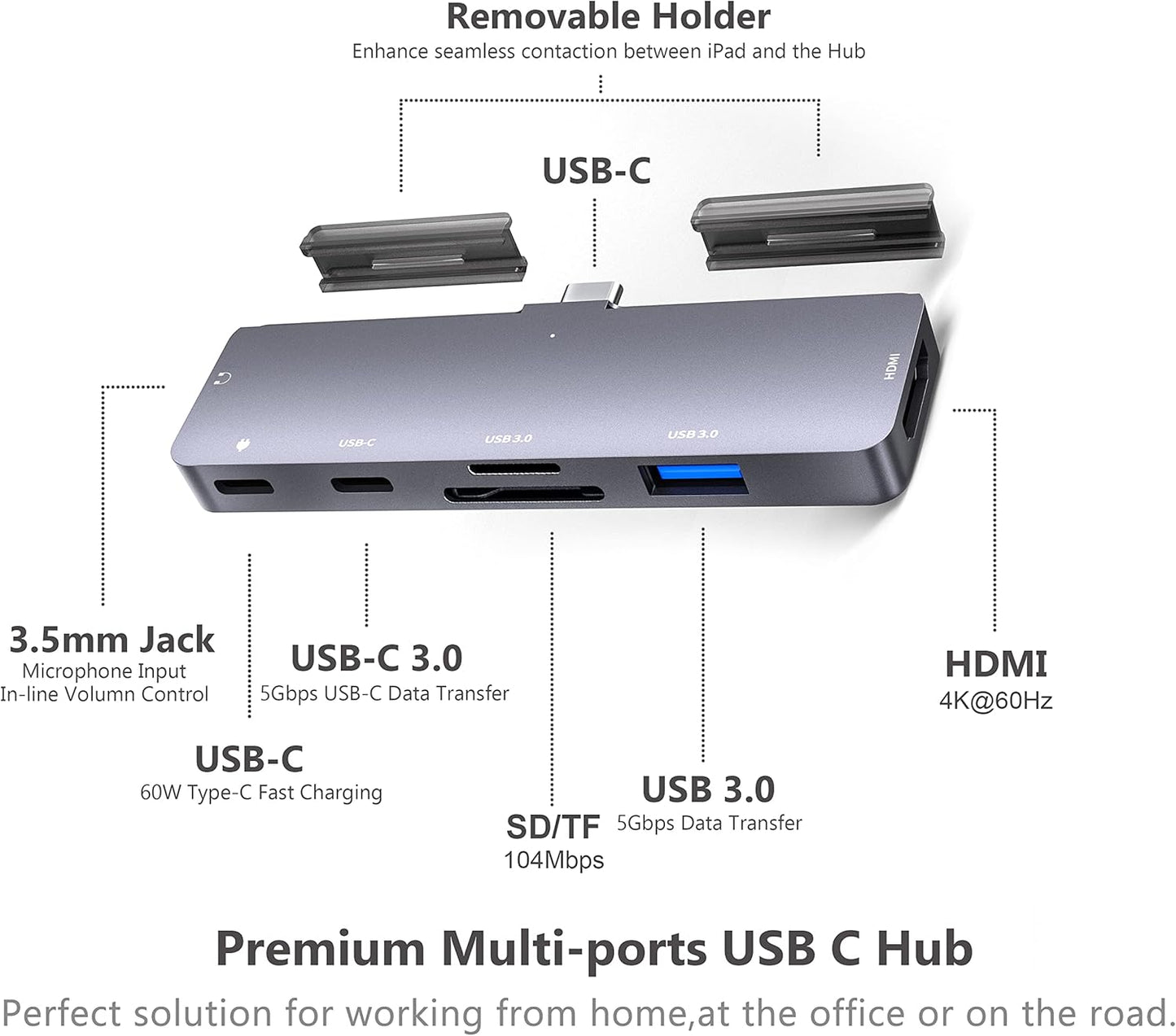 iPad Pro USB C Hub Adapter for iPad Pro 2024 M4 M2 M1,7-in-1 Hub with 4K@60Hz HDMI,3.5mm Jack,USB3.0,PD 60W,SD/TF Card Slot,iPad Air 4/5,iPad mini 6,iPad pro 13 12.9 Accessories