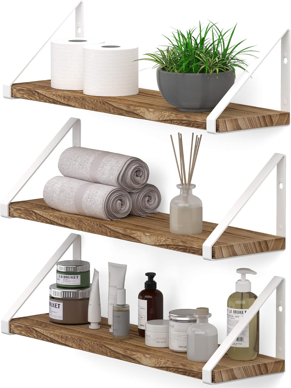 Wallniture Ponza Floating Shelves for Wall, Bathroom Shelf Wall Mounted, Set of 3, Burned Finish Wood Shelves with White Shelf Brackets