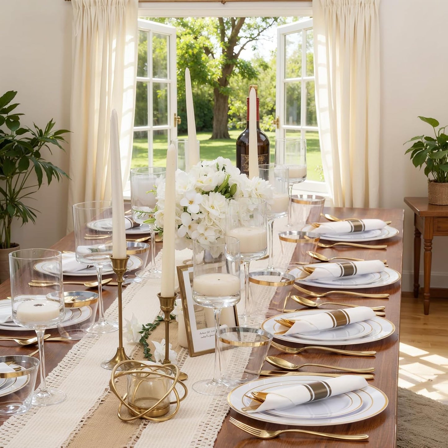 350Piece Gold Dinnerware Set for 50 Guests - Gold Plastic Plates with Disposable Cutlery Include:50Dinner Plates-50Dessert Plates-50Pre Rolled Napkins with Silverware for Wedding