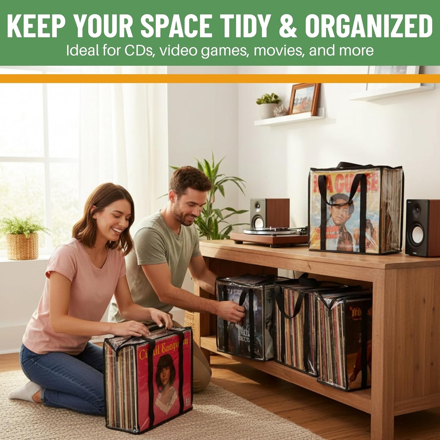 Evelots Vinyl Storage Bag (6-Pack) Clear PVC Plastic Media Carrying Case with Zipper - Holds 216 LP Albums Total - Strong Handles - Protects Vinyl from Dirt & Moisture