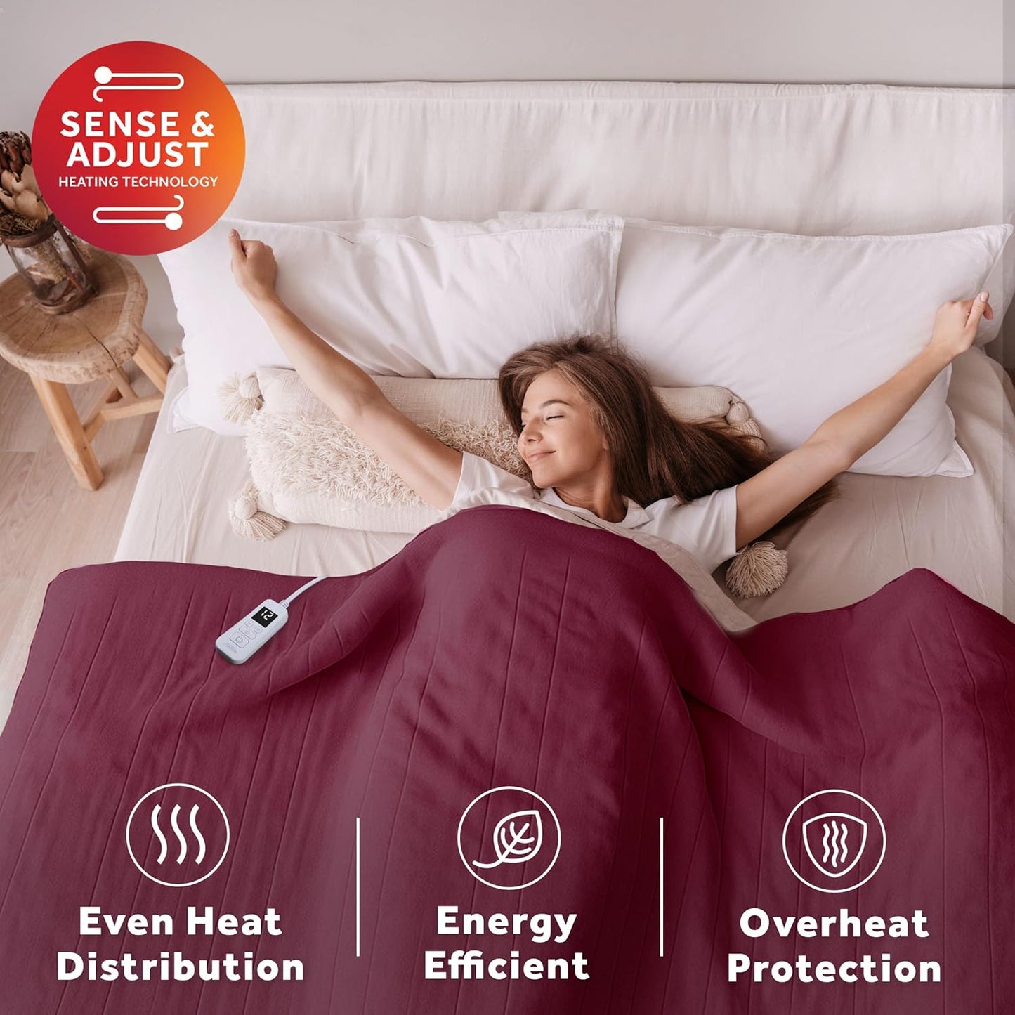 Sunbeam Electric Royal Luxe Microplush Heated Blanket, 12 Heat Settings, 12-Hour Selectable Auto Shut-Off, Fast Heating, Warm and Cozy, Cabernet Color, Full, 84" x 72"