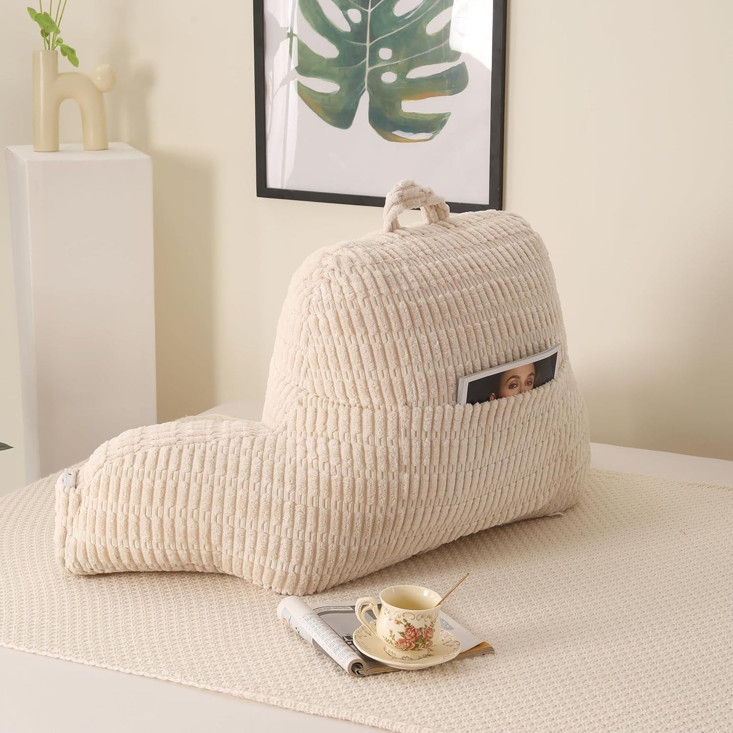 Reading Pillow for Sitting in Bed,Large Backrest Reading Pillow with Arm Rest,Back-Rest Support Cushion for Sit Up on Couch,Sofa,Floor,Dorm Essentials(Cream Corduroy,Large(19"))