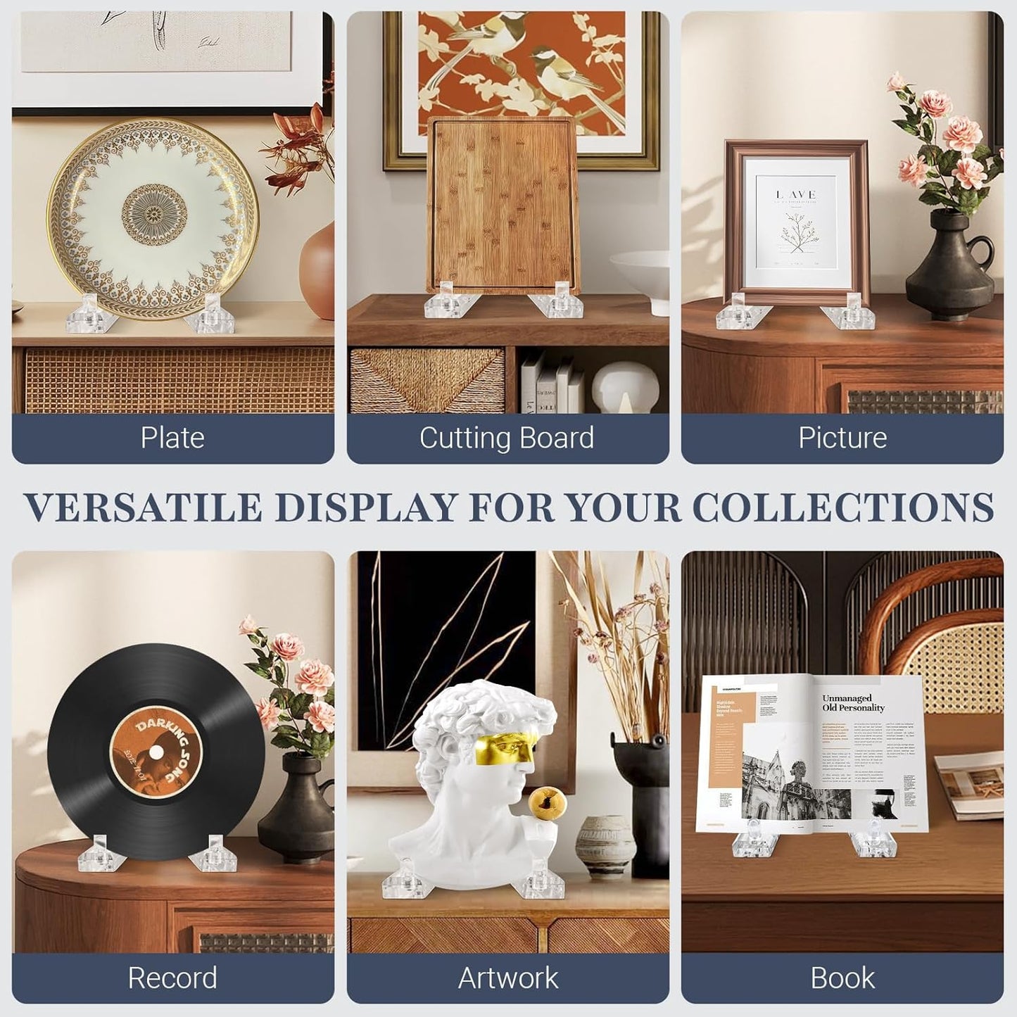 2 pack Acrylic plate holders for displaying, Adjustable dish display stand suitable for Display Plates Photos Holder Picture Frames or Other Items at Weddings, Birthdays, Home Decoration, Tables.