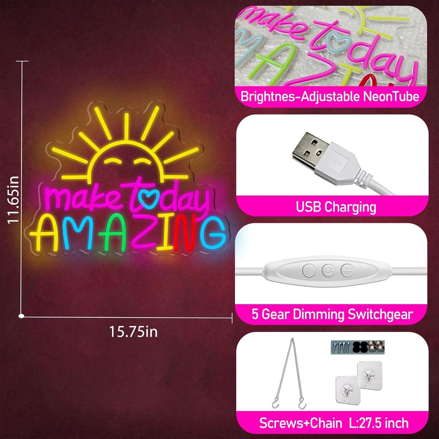Make Today Amazing Neon Sign, Cool Sunrise Dimmable Neon Light Up Inspirational Slogan Boho Hanging Wall Art Decor LED Sign for Dormitory Room Cafe Club Wedding Gym Party Birthday Christmas Gift