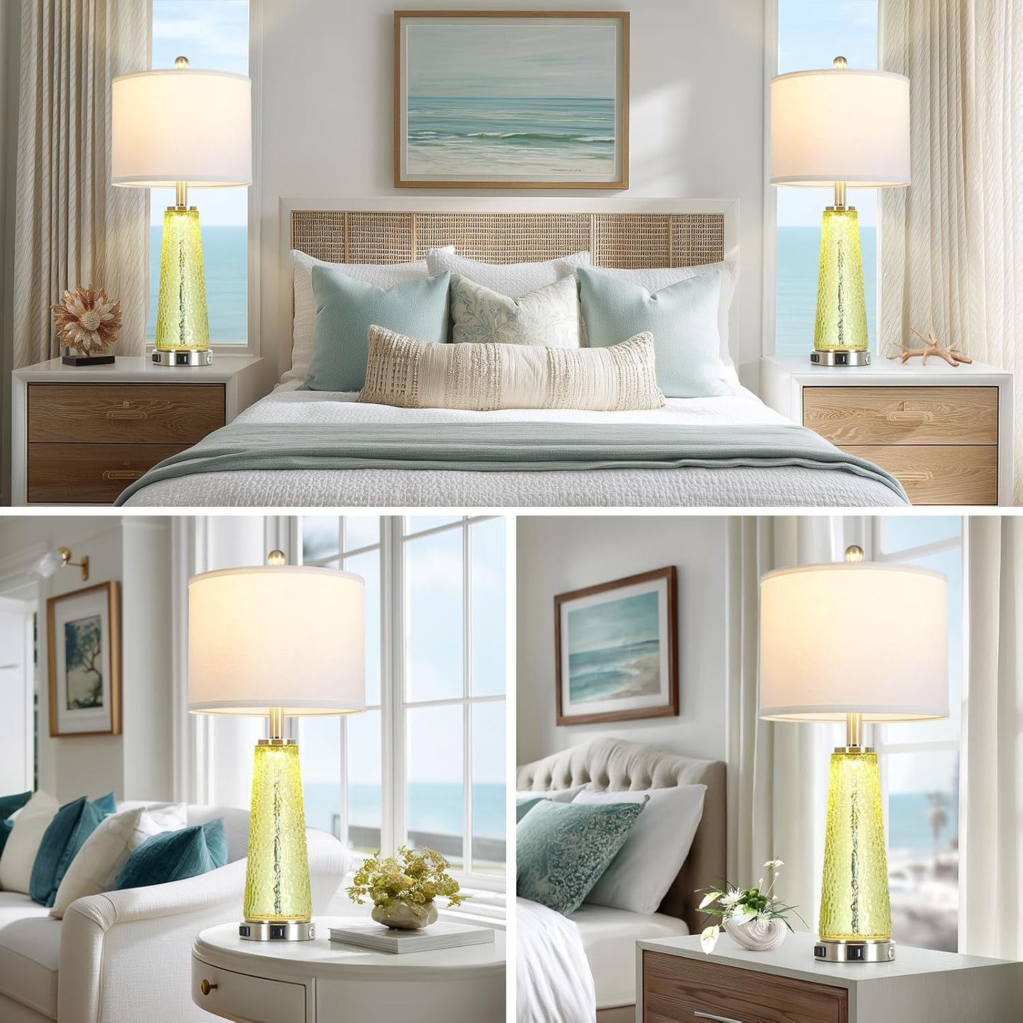 26" Gold Glass Table Lamps for Living Room Set of 2, Modern Bedside Lamp with USB A+C Ports & AC Outlet, Coastal Cracked Glass Nightstand Lamps with 2 LED Night Light for Bedroom End Table Amber Decor