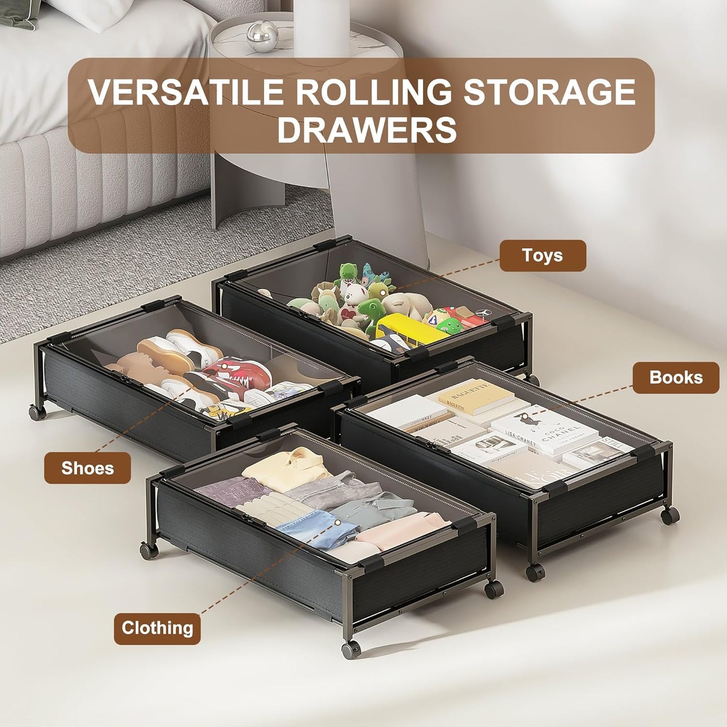 Under Bed Storage with Wheels 2 Packs, Under Bed Drawers, Underbed Storage with Wheels and Lid, Rolling Underbed Drawers for Clothes, Shoes, Blankets, Toys (Black)