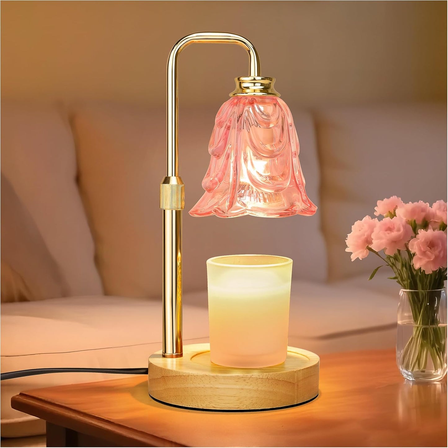 Candle Warmer Lamp with Timer Dimmer, Adjustable Height Pink Tulip Candle Wax Warmer, Christmas Birthday Gift for Mom Women, House Warming Gifts for New Home Bedroom Decor,Flower Pink