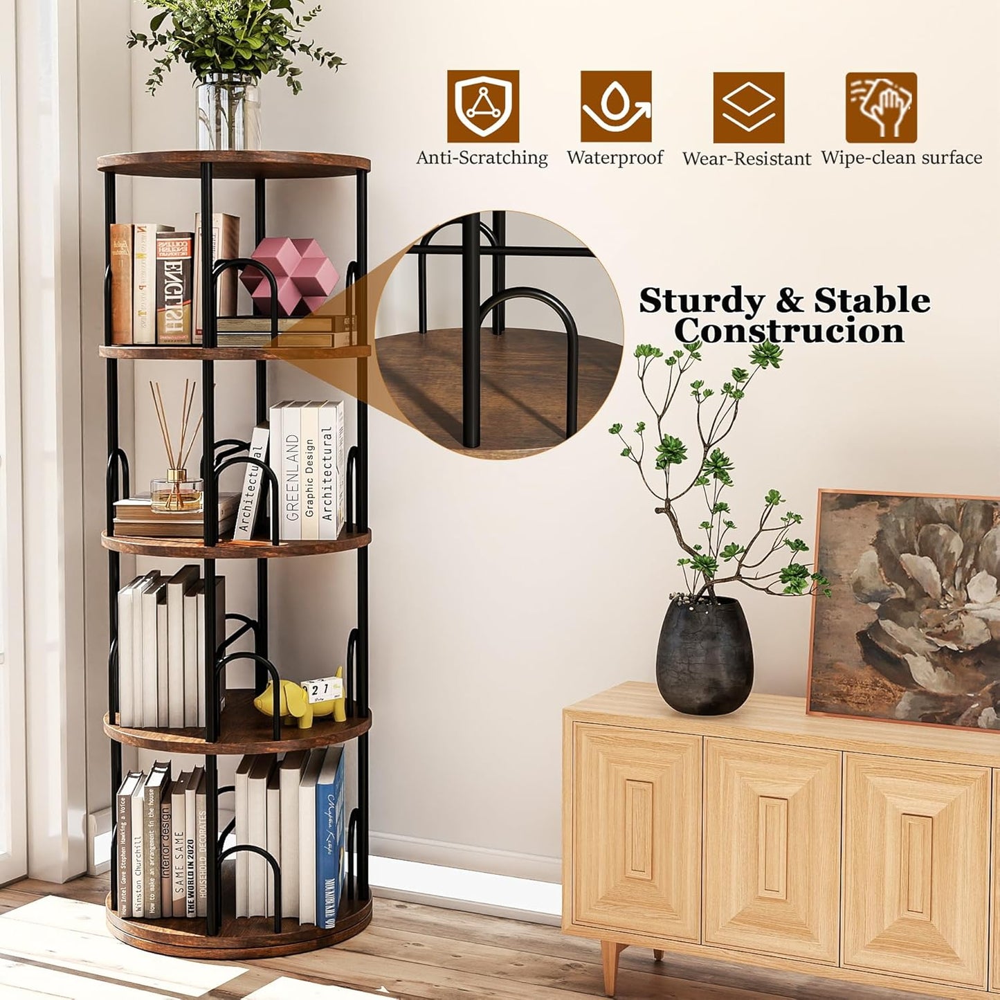 4 Tier Rotating Bookshelf, 360 ° Display Corner Book Shelf, Stackable Spinning Bookshelf Tower, Narrow Tall Revolving Bookcase, Round Swivel Storage Organizer (Black, 4 Tiers)