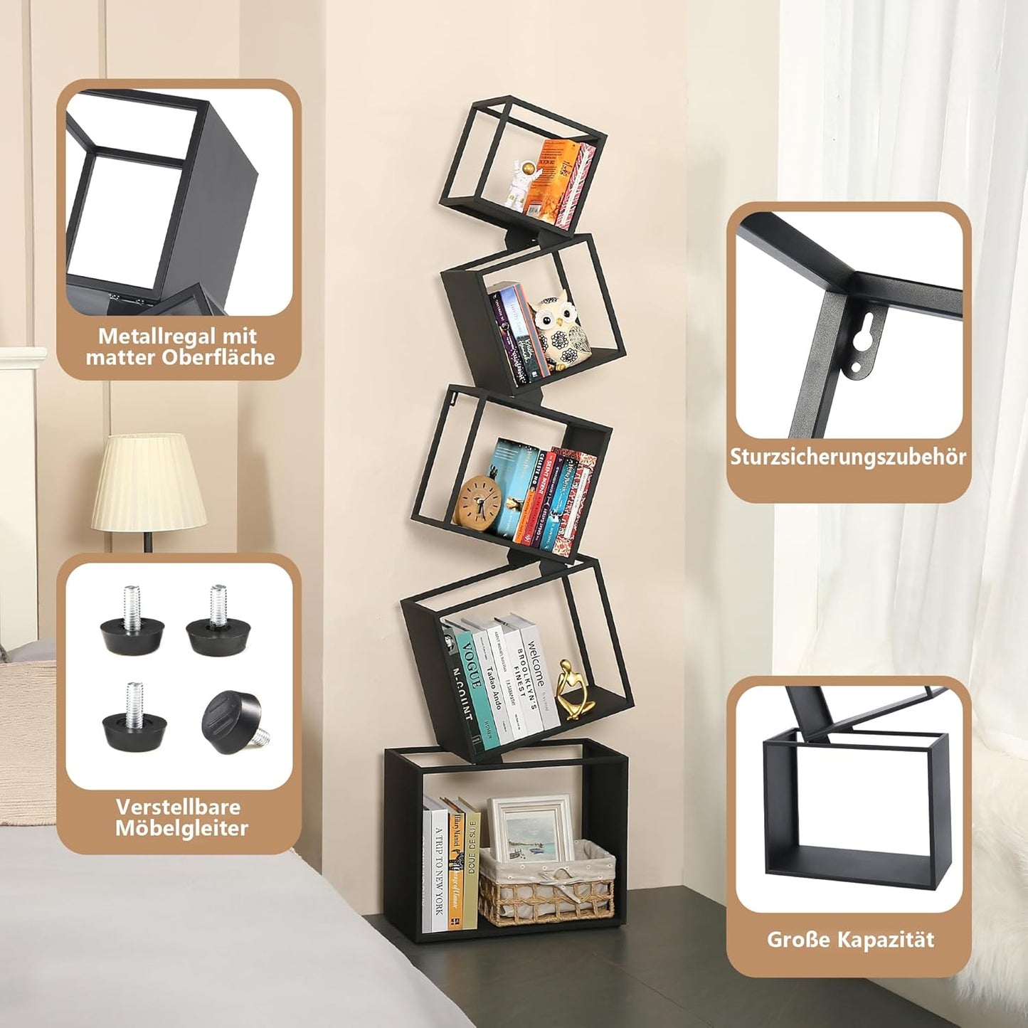 Book Shelf 5 Tier, Black Metal Bookshelf 67 Inch, Narrow Corner Bookcase Skinny Bookshelves for Bedroom, Living Room, Office, Home Decor