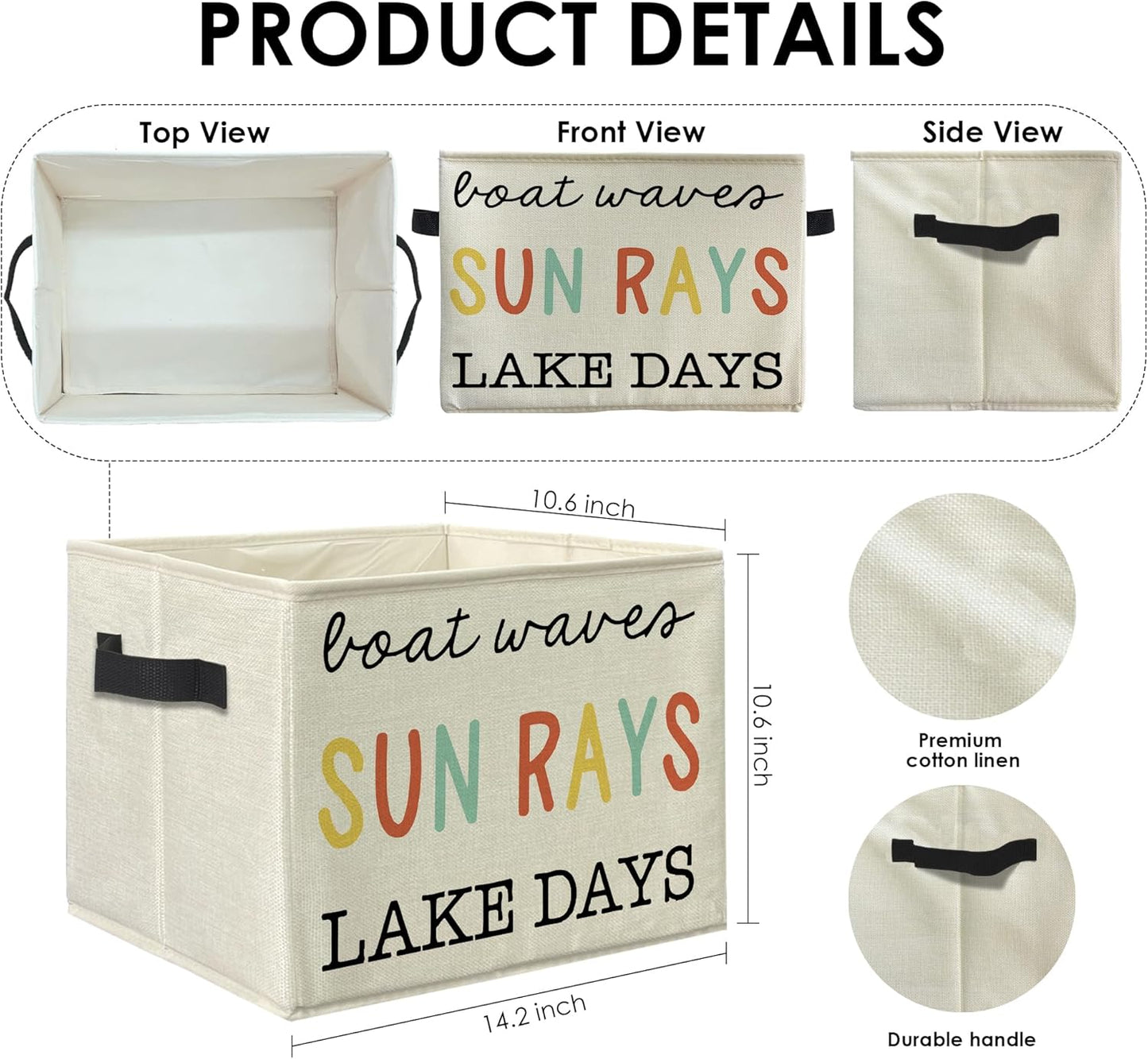 Knibeo Lake House Fabric Storage Bins for Shelves Closet, Boat Waves Sun Rays Lake Days Rainbow Collapsible Cube Baskets Organizer for Clothes Books Toys