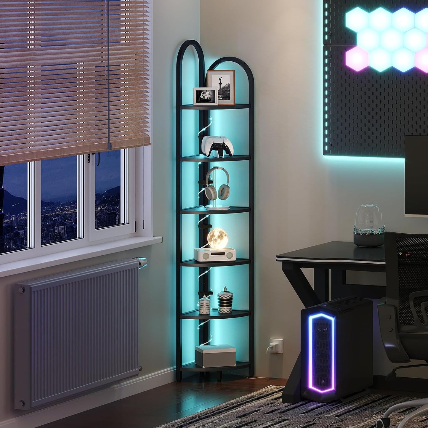 6 Tier Corner Shelf with LED Light, 74.6'' Tall Corner Bookshelf Stand, Narrow Display Bookcase with Storage Rack for Wall Corner, Living Room, Bedroom, Small Spaces, Black CSBK66101