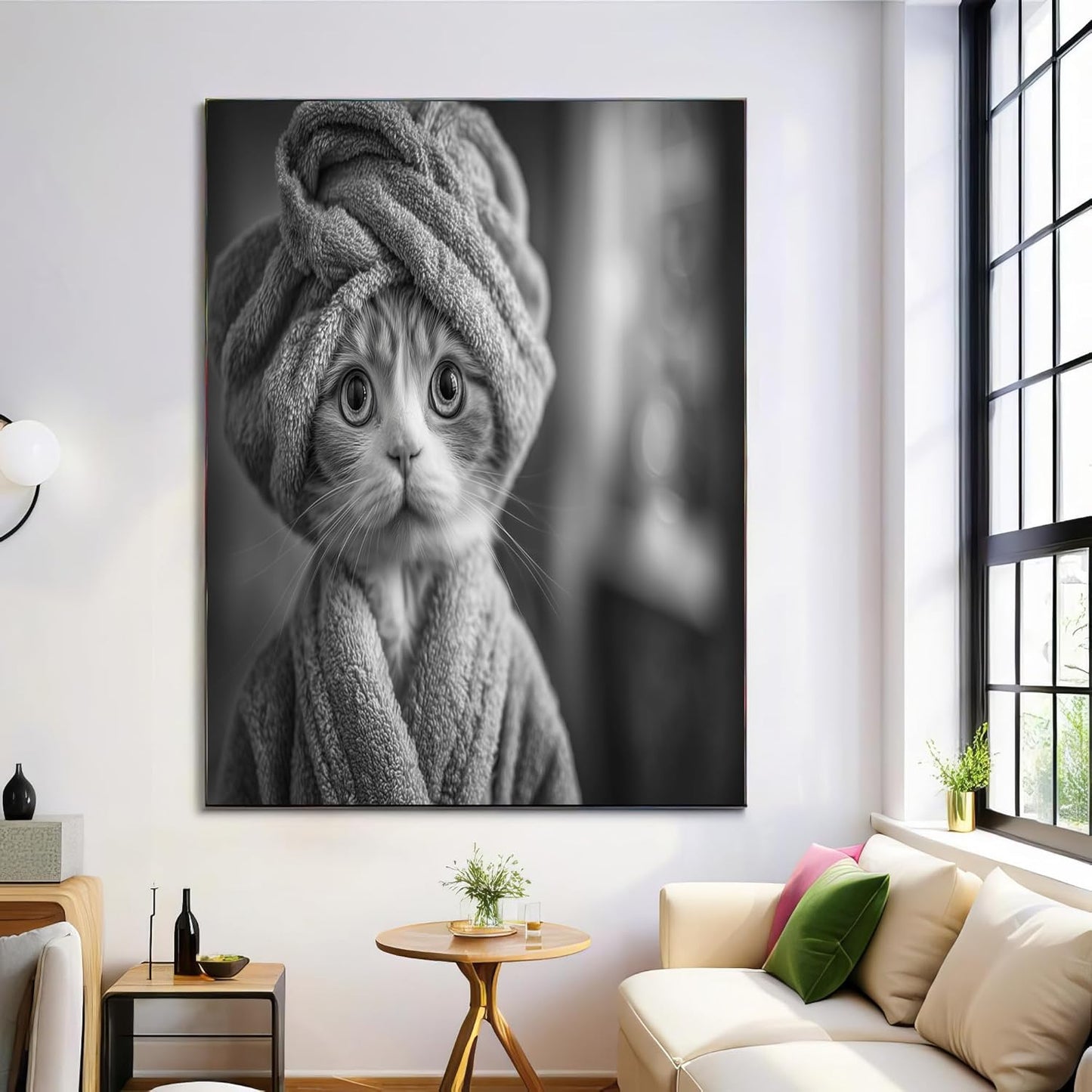 GDJSMIN Cute Animal Theme Wall Art, Cartoon Bathrobe Cat Poster for Reading Room Living Room Decor 12x 16 inch Unframed