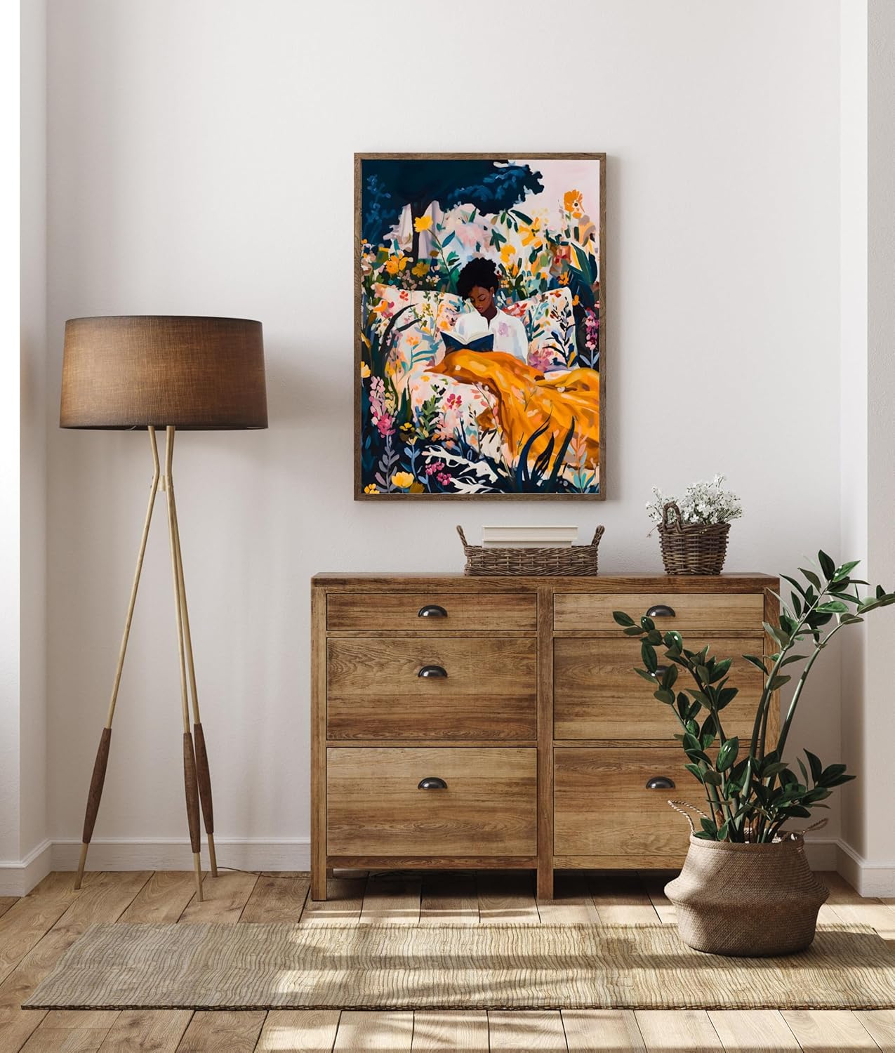 Black woman art Boho wall art Black Woman Reading in Floral Bed Poster Canvas Wall Art Retro African American Modern Family Bedroom Decor Room Aesthetic Wall Art Posters Unframed16x24inch Unframed