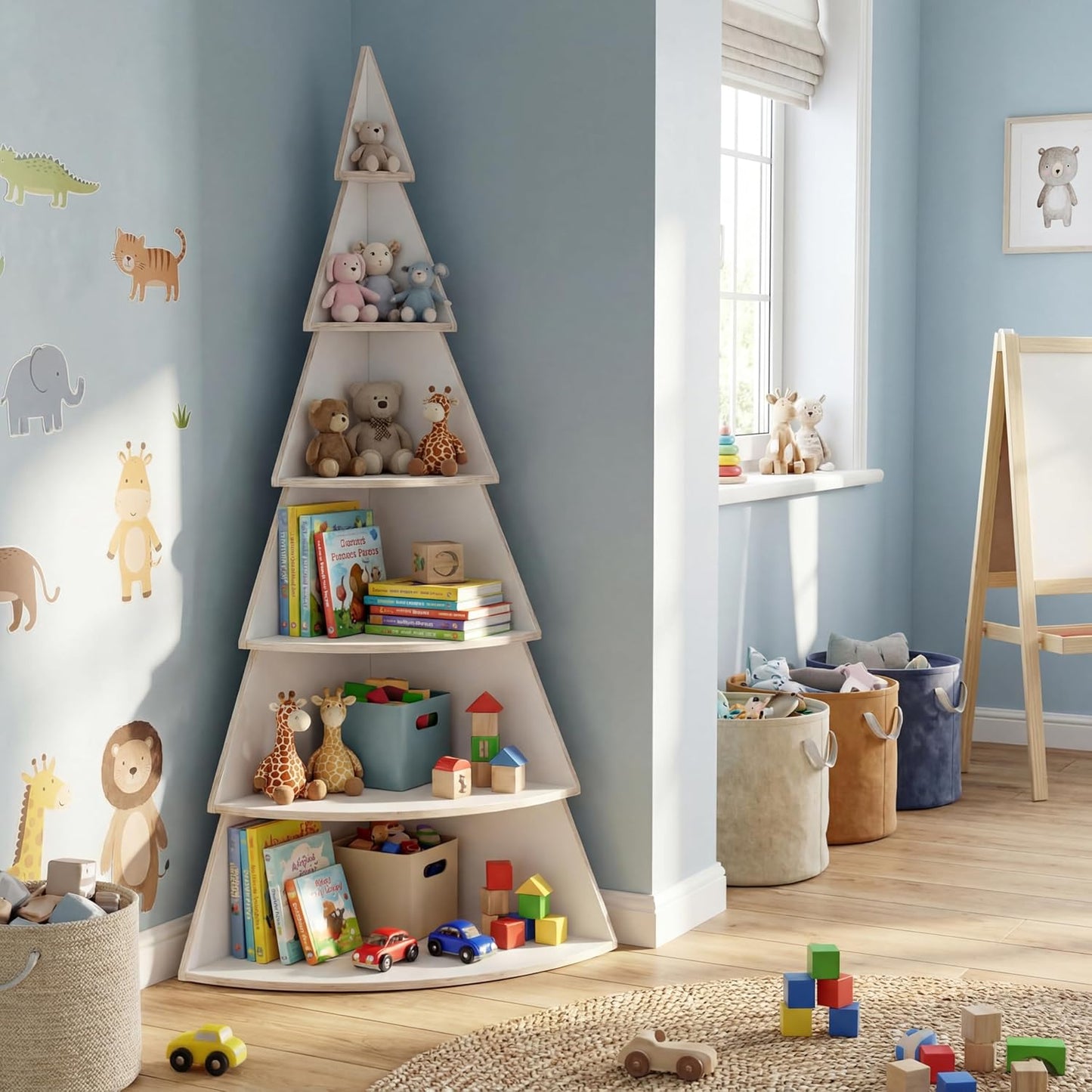 6 Tier 71 Inch Large Wooden Tree Shaped Display Shelf Christmas Village Tree Stand Corner Shelf Wood DIY Corner Bookshelf Space-Saving Storage Rack for Bedroom Living Room Decor