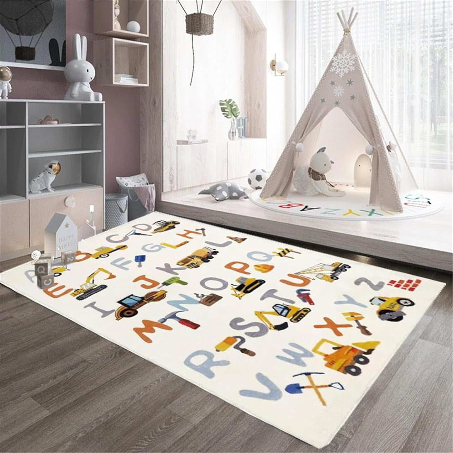 Kids Rug, Alphabet and Truck Carpet for Playroom 5x7 ABC Rugs for Boys Girls, Children's Educational Play Mat, Digger Play Rug for Bedroom, Non-Slip Area Rugs for Nursery