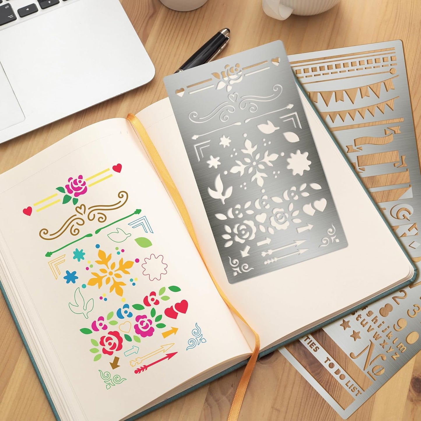 3PCS Planner Stencils, Metal Journal Stencil for Bullet Journaling Wood Burning Engraving Crafts Reusable Stencils for Crafts DIY Bookmark Lists Planner Stamps Habit Tracker Monthly Spread (3)