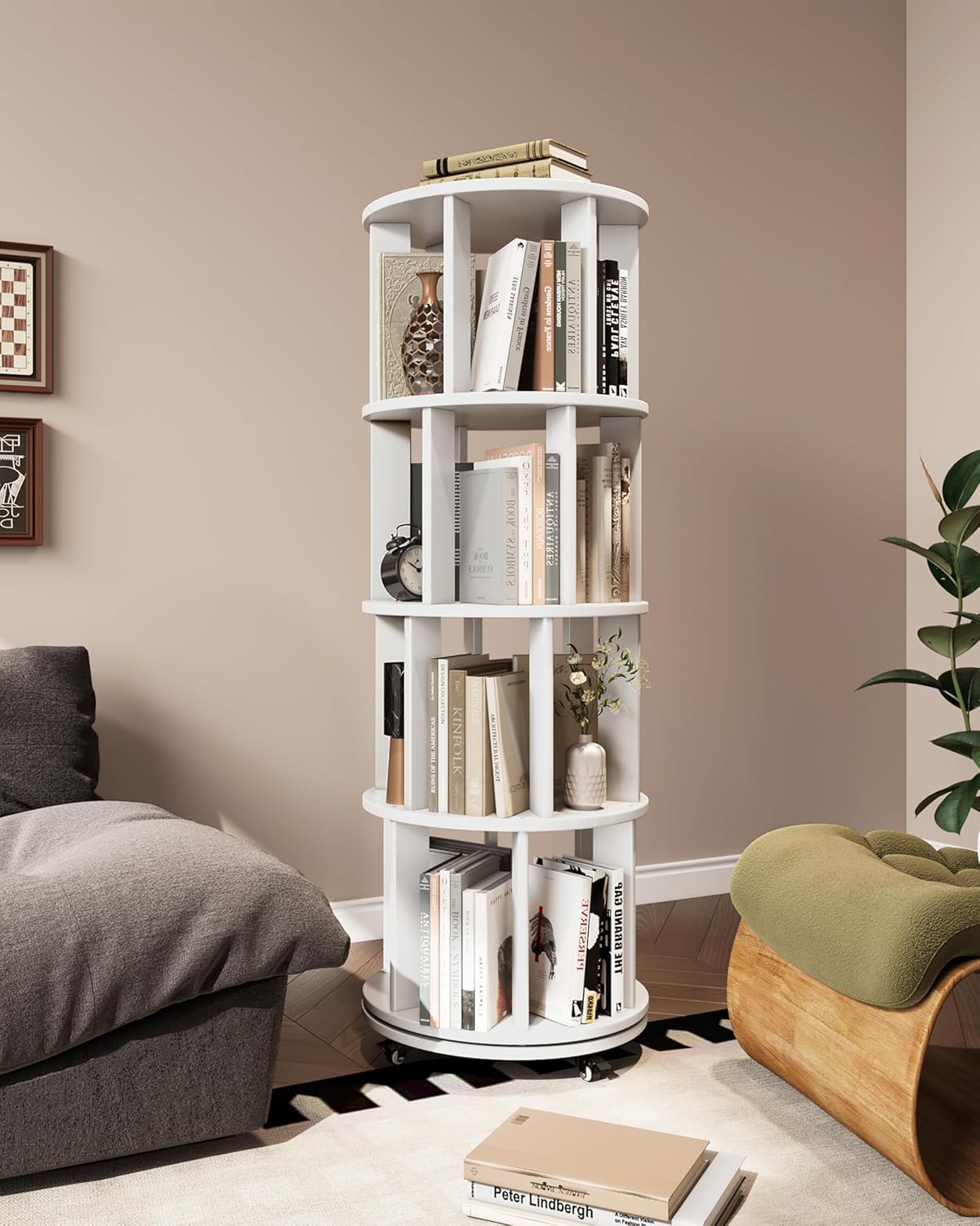 Rotating Bookshelf, 4-Tier Solid Wood Spinning Bookcase with Wheels, 360° Revolving Bookshelf Tower with Lockable Casters, Compact Round Book Tower for Kids Room, Bedroom, Small Space, White