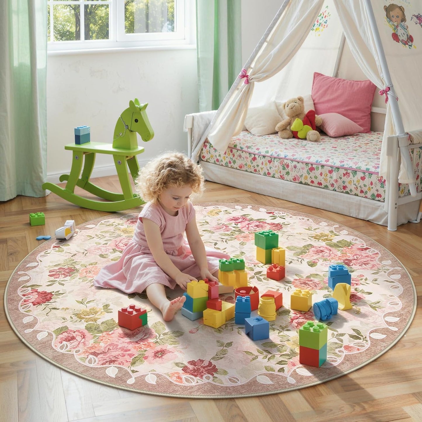 Lahome Floral Boho Round Rugs 6ft,Washable Round Rug for Dining Room Table,Circle Rugs for Living Room Large Round Carpet for Bedroom,Playroom,Nursery,Reading Corner Nina