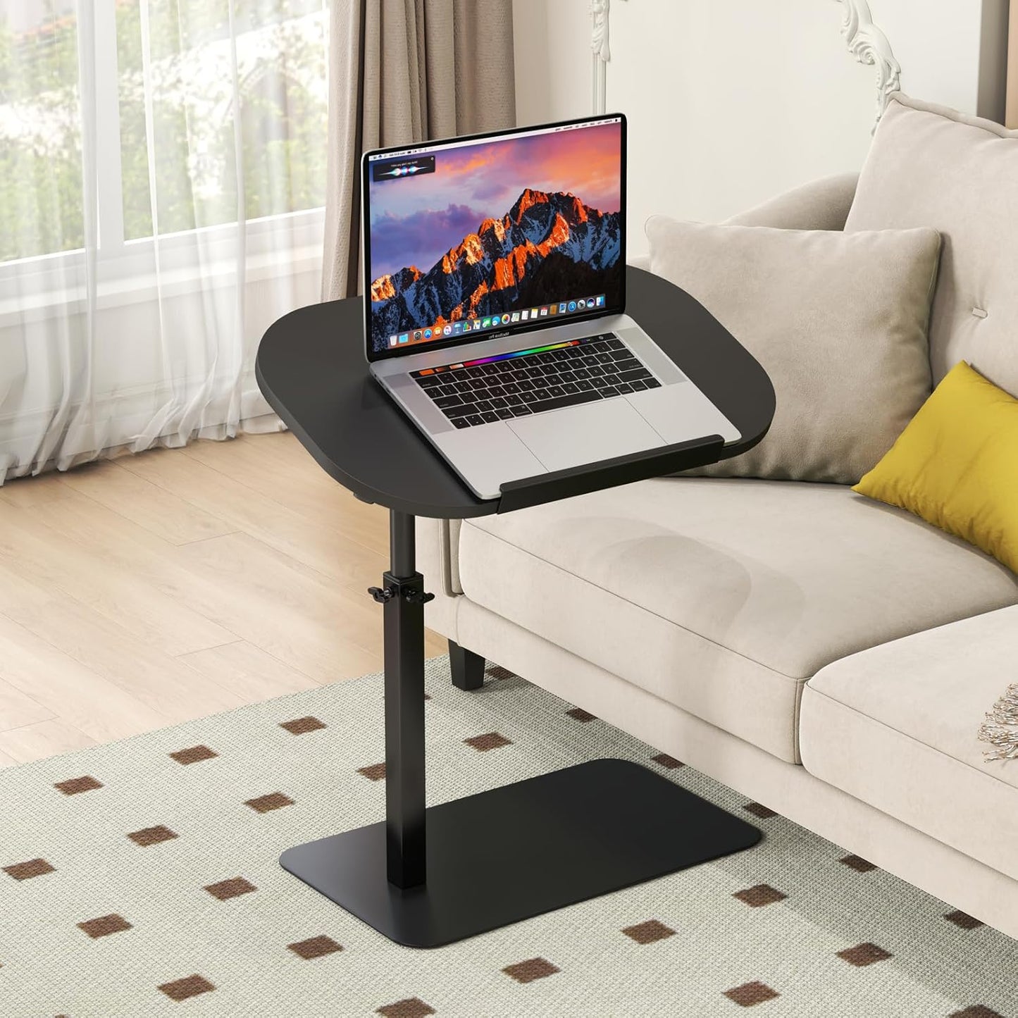 Solid Wood C Shaped Side Table for Sofa/Bed, Adjustable Height C Shaped End Table Metal Base, 360°Swivel/Flip Top Couch Tables That Slide Under, Small Spaces Laptop Stand Coffee Table (Black)