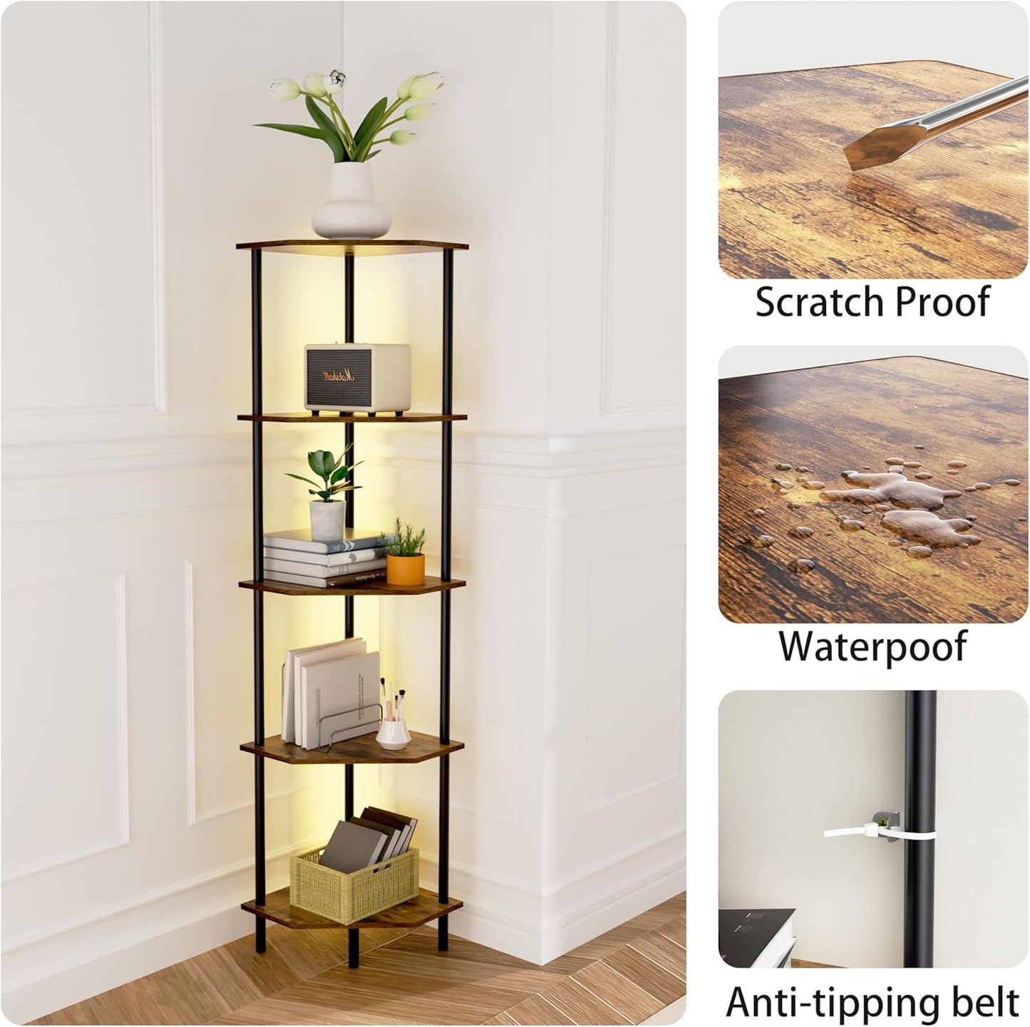 Corner Shelf Stand, Storage Standing Shelf Unit with Metal Frame, Narrow Bookshelf with LED Light Brown Plant Display Stand, Multi Unit Organizer Corner Cabinet for Bedroom, Living Room (5 Tier)