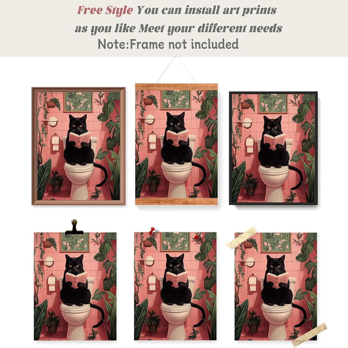 Trendy Funny Black Cat Using Toilet Posters Cute animal Reading Newspaper Canvas Wall Art Bathroom Botanical Pink Aesthetic Prints Painting For Home Bedroom Dorm Wall Decor 8x12in Unframed