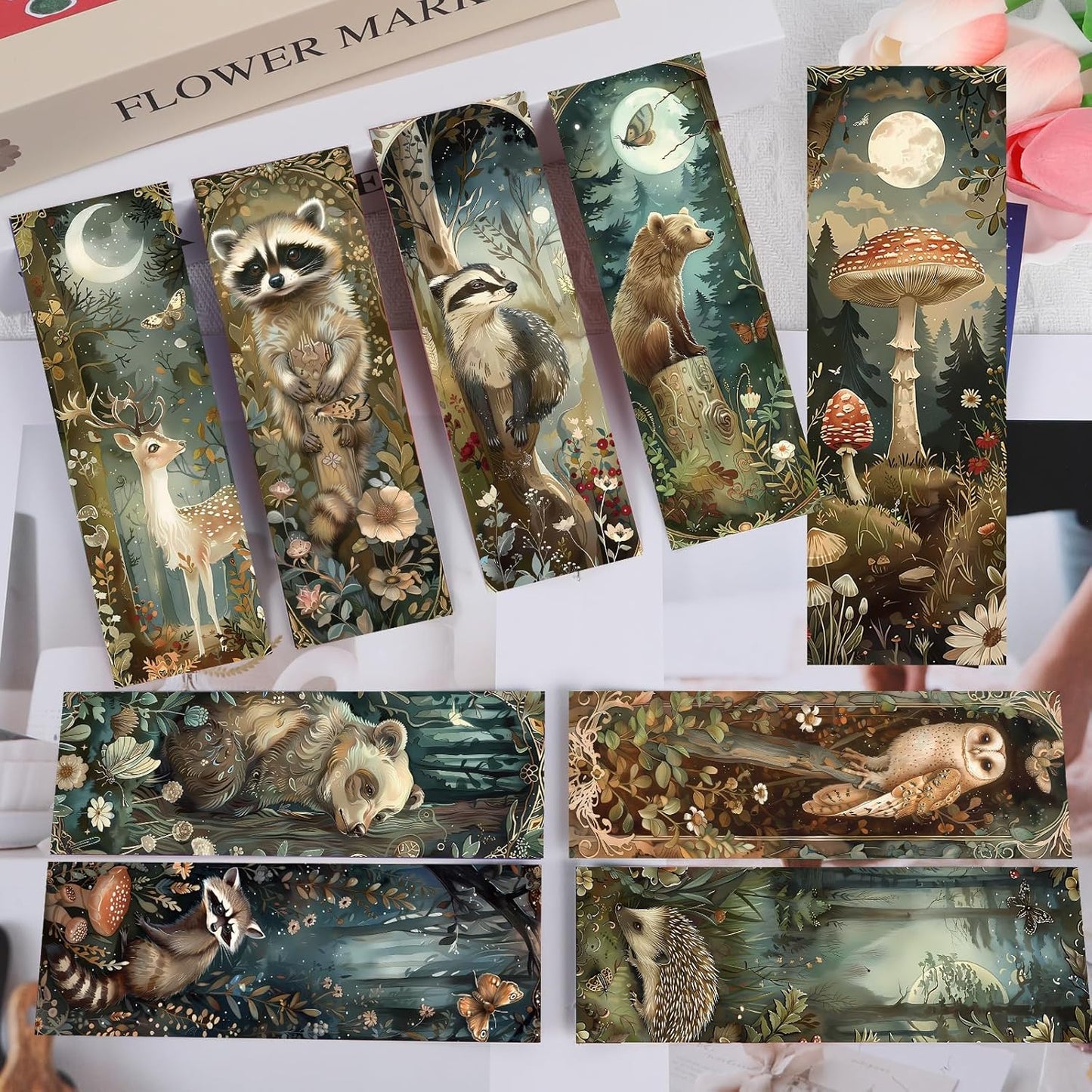 Woodland Animal Bookmarks Gifts - 100 Pcs Fantasy Forest Animal Bookmark Paper Mushroom Raccoons Flower Book Mark Page Clips Gifts for Women Men Book Lovers Students Teachers Bookish Reading