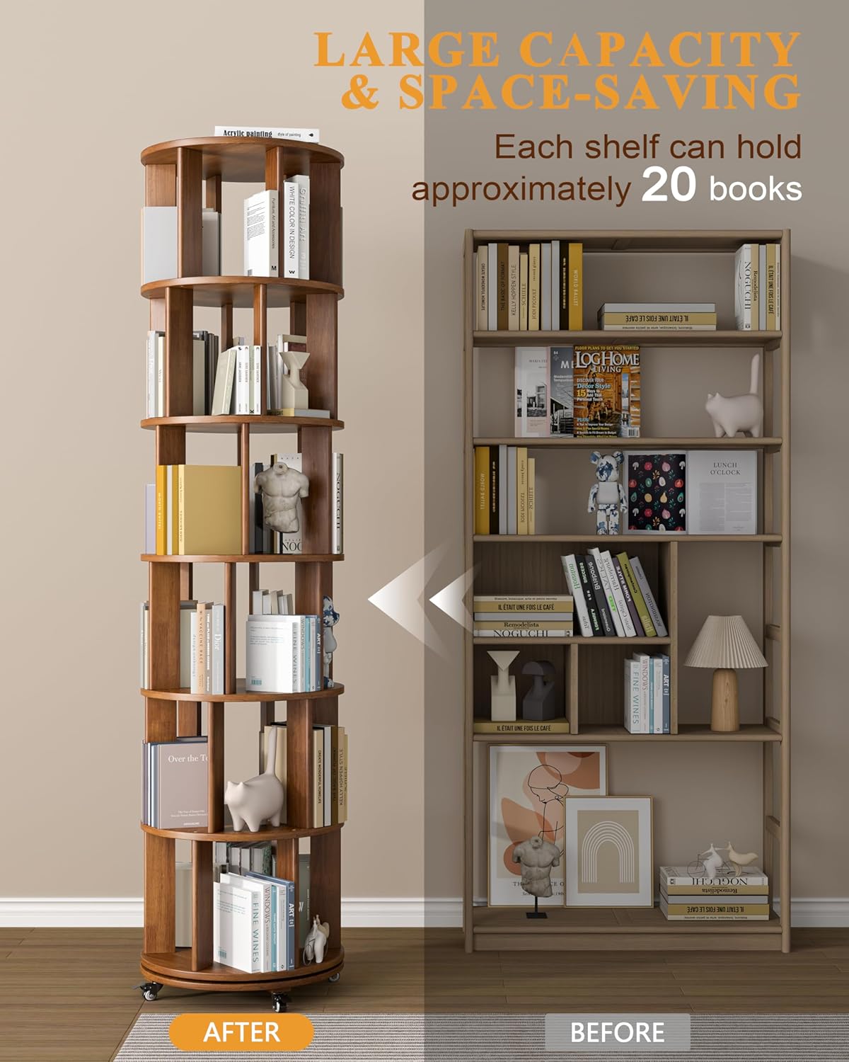 Rotating Bookshelf, 6-Tier Solid Wood Revolving Bookcase on Wheels, 360° Spinning Bookshelf Tower with Lockable Casters, Tall Round Book Tower for Home Office, Living Room, Bedroom, Walnut