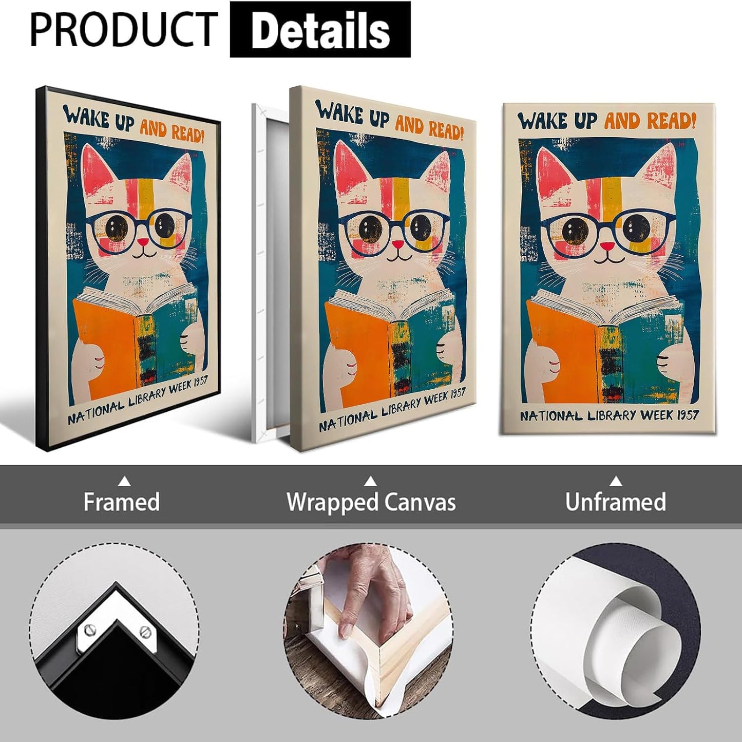 Cute Cat With Glasses Reading Canvas Wall Art 1957 National Library Week Posters Vintage Funny Animal Aesthetic Prints Painting For Home Bedroom Dorm Apartment Wall Decor 12x16in Unframed