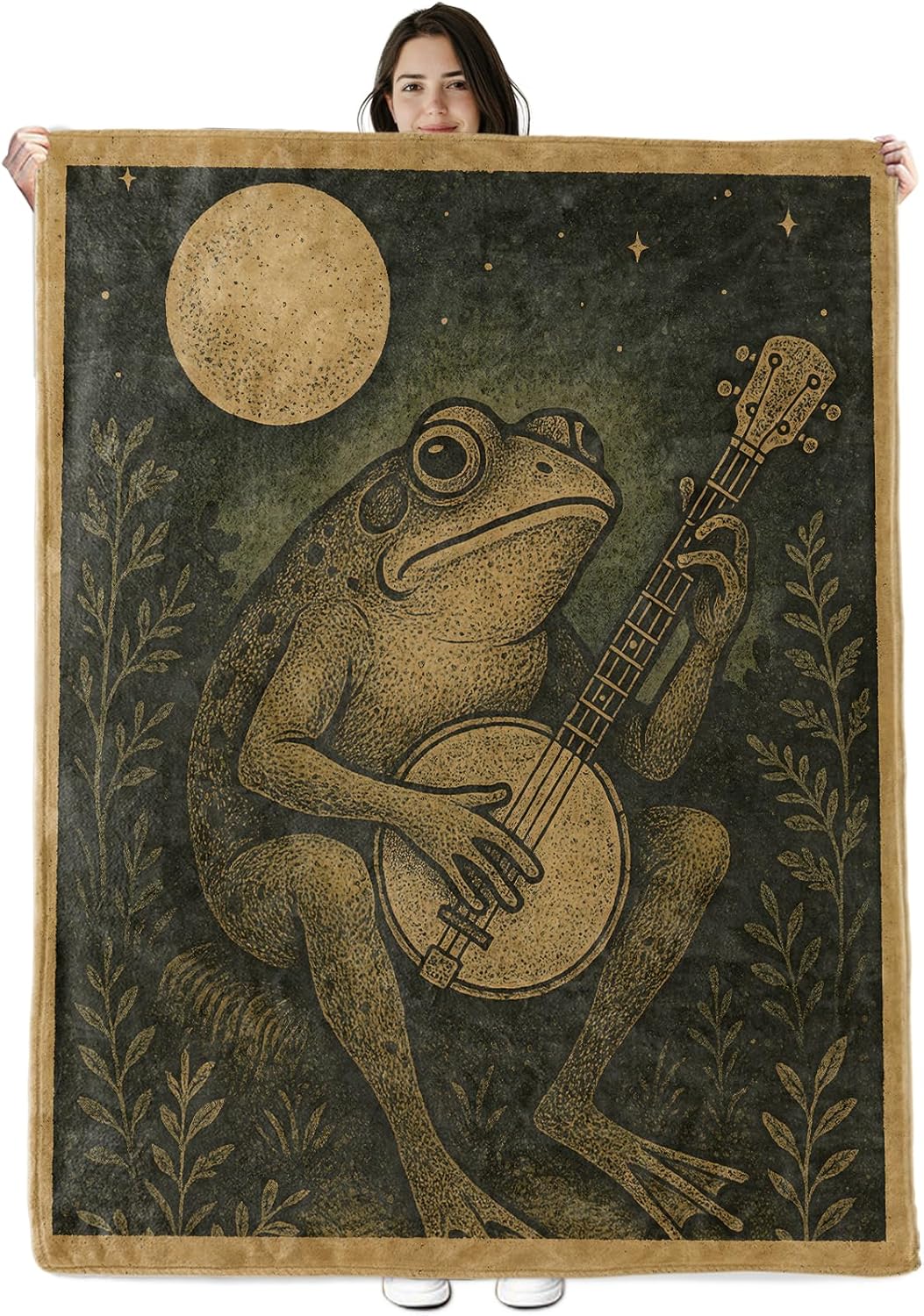 Banjo Frog Blanket Gifts for Boys Girls Kids, Frog Playing Banjo Under Full Moon Warm Soft Flannel Throw Blankets for Travel, Sofa, Room, Bedroom Birthday Christmas Spring Decor, 50x60 in