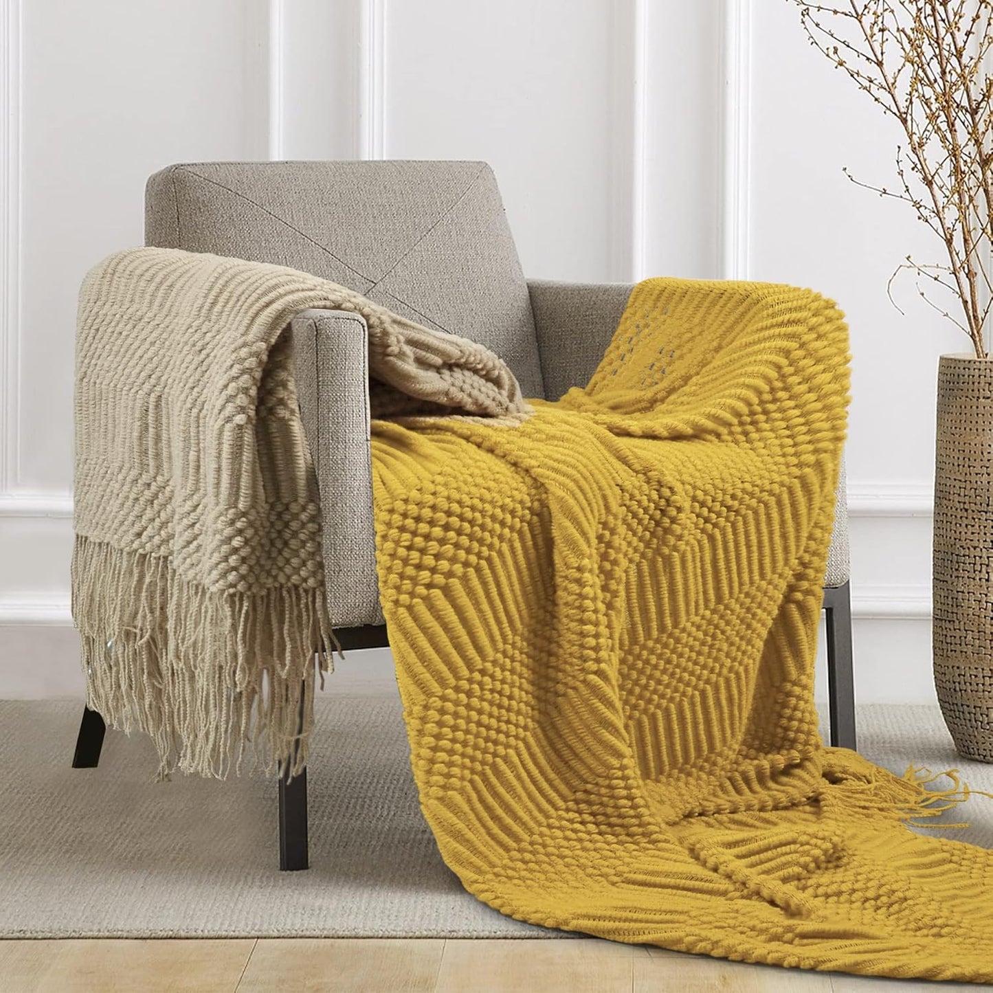 2 Pack Knit Throw Blankets for Bed Couch, Super Soft Farmhouse Throw Blanket, Summer Outdoor Blankets and Throws for Travel Camping, 50 x 60 Inches