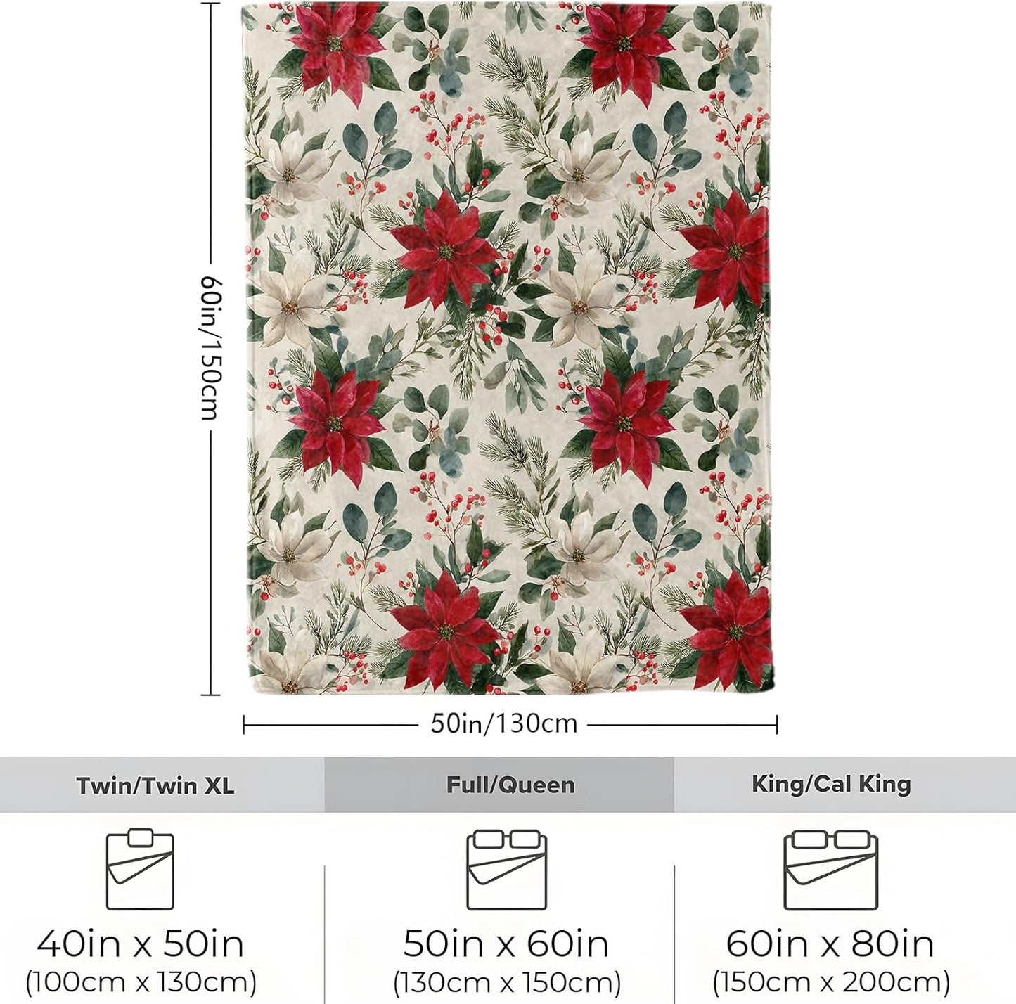 Poinsettia Floral Christmas Blanket, Soft Cozy Lightweight Elegant Flowers with Pine and Berries Throw Blanket for Women Kids, Sofa Couch Bed 50x60 Inch Flannel Blankets for Travel Decor Gifts