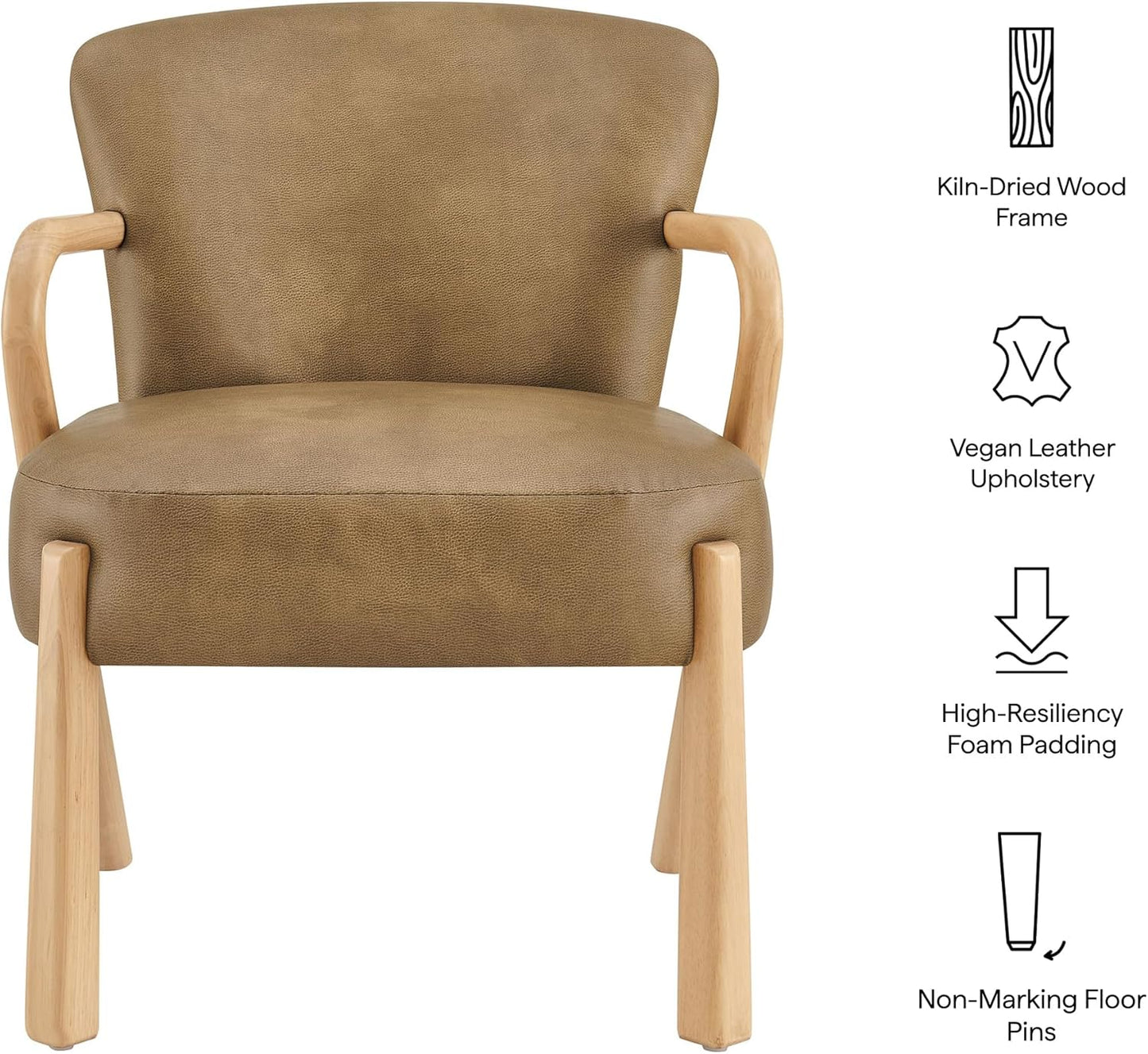 Modway Arden Faux Leather Upholstered Accent Armchair in Toast – Mid-Century Modern Lounge Chair with Curved Wood Frame