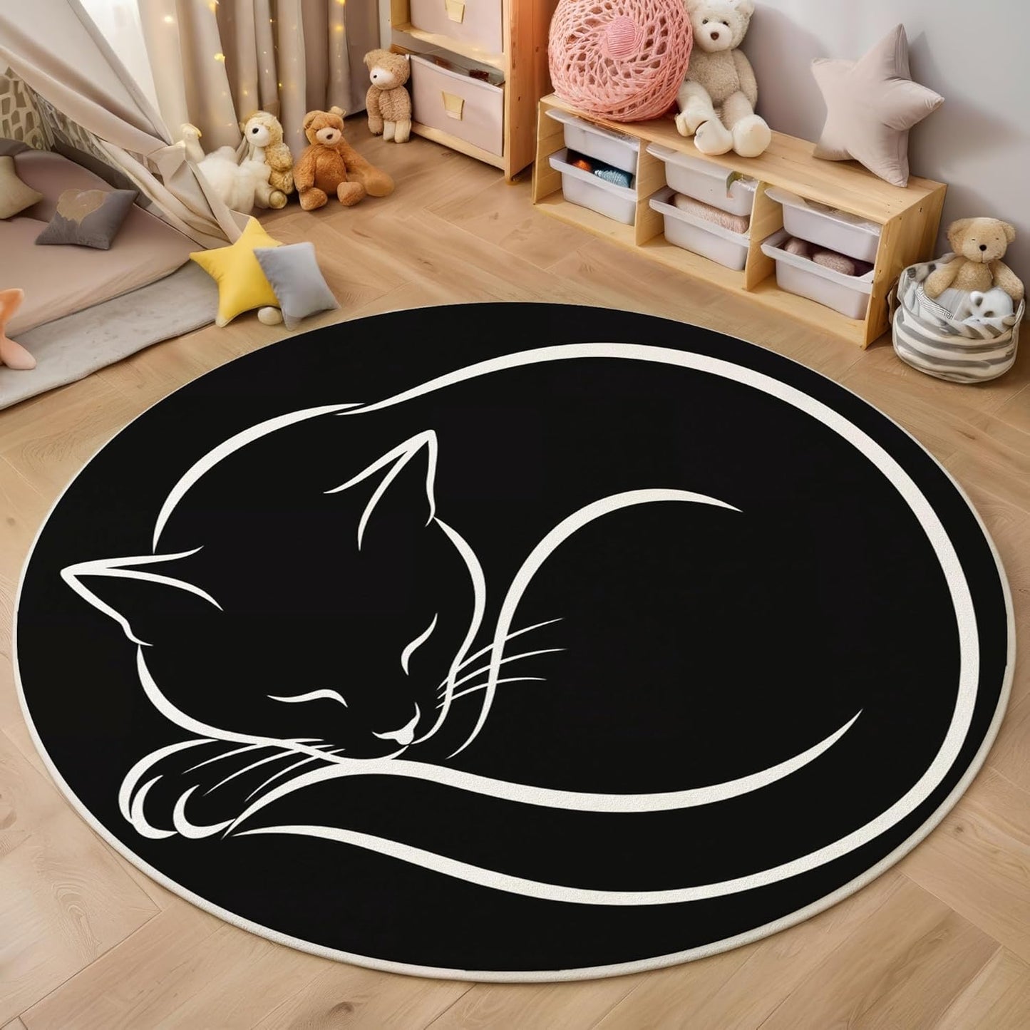 Round Area Rug, 4Ft Washable Non-Slip Black Simple Lines Cat Circle Rug, Soft Low-Pile Cute Animal Indoor Small Circular Carpet for Bedroom Entryway Dining Living Room