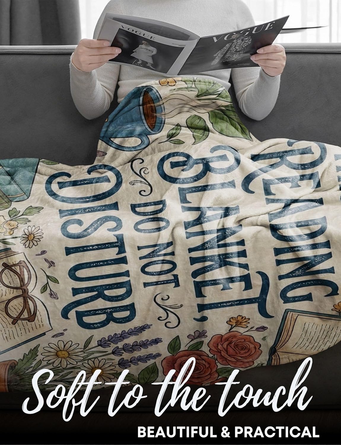 Book Lover Gifts for Women, Bookworm Reading Gift Throw Blanket for Birthday, Christmas, Beige, 50 x 65 Inches