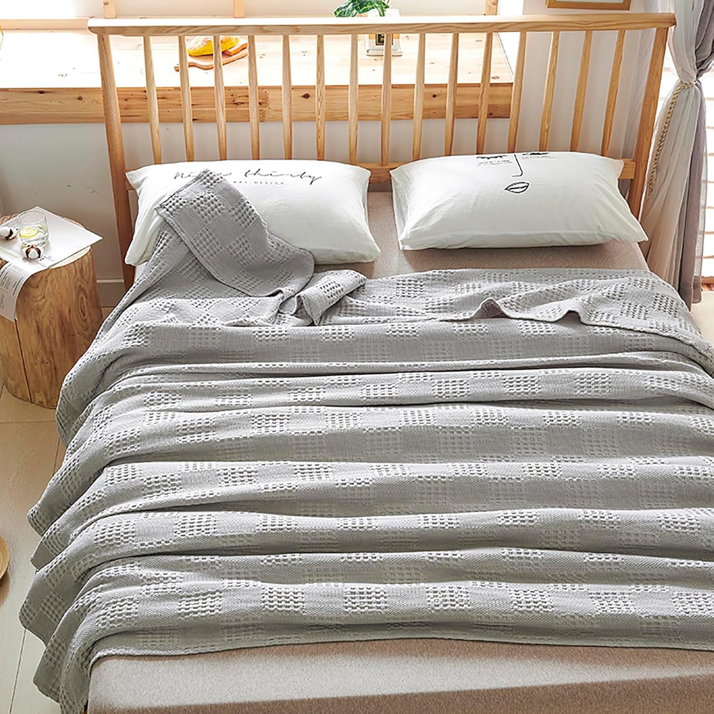 LGYKUMEG 100% Cotton Waffle Throw Blanket,Lightweight Washed Cotton Blanket - Cotton Breathable All-Season Knit Throw Blankets for Bed and Couch,Light Gray,40x60 inch