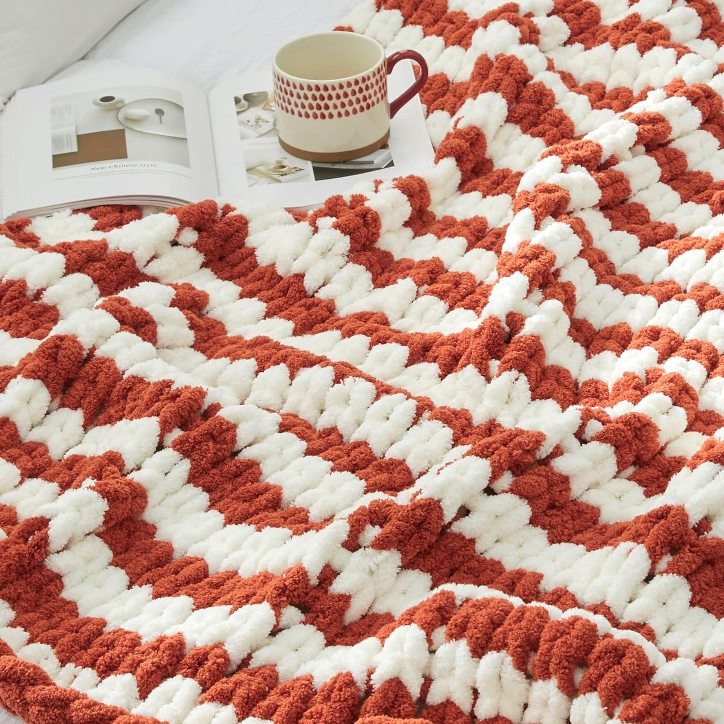 Amélie Home Chunky Knit Throw Blanket for Couch, Soft Chenille Crochet Blanket for Sofa, 50"x60", Burnt Orange & White Striped