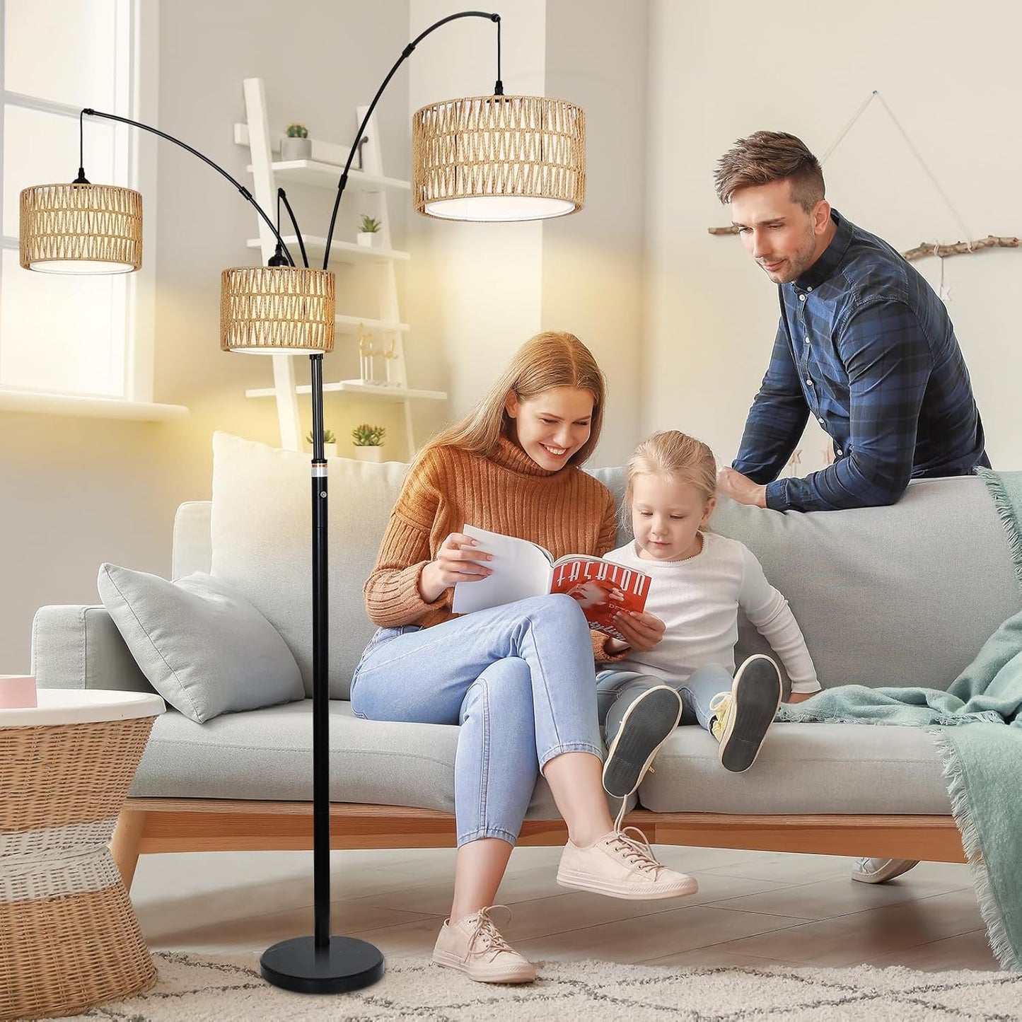 Airposta Black Arc Floor Lamps for Living Room, Farmhouse Boho Floor Lamp for Bedroom, Industrial Standing Lamp for Office, Dimmable Tall Lamp with Rattan Lampshades, Reading Arched Light