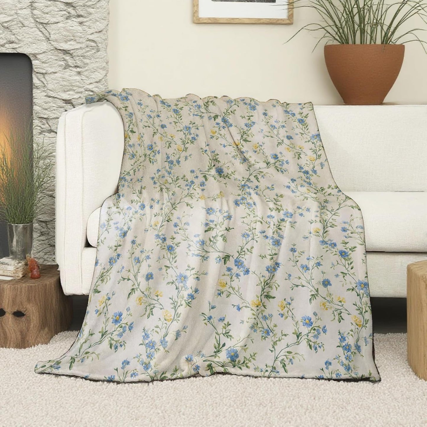 Vintage Floral Blanket, Soft Cozy Lightweight Blue and Yellow Wildflowers Throw Blanket for Women Girls Kids Teens, Sofa Couch Bed 50x60 Inch Flannel Blankets for Travel Decor Gifts