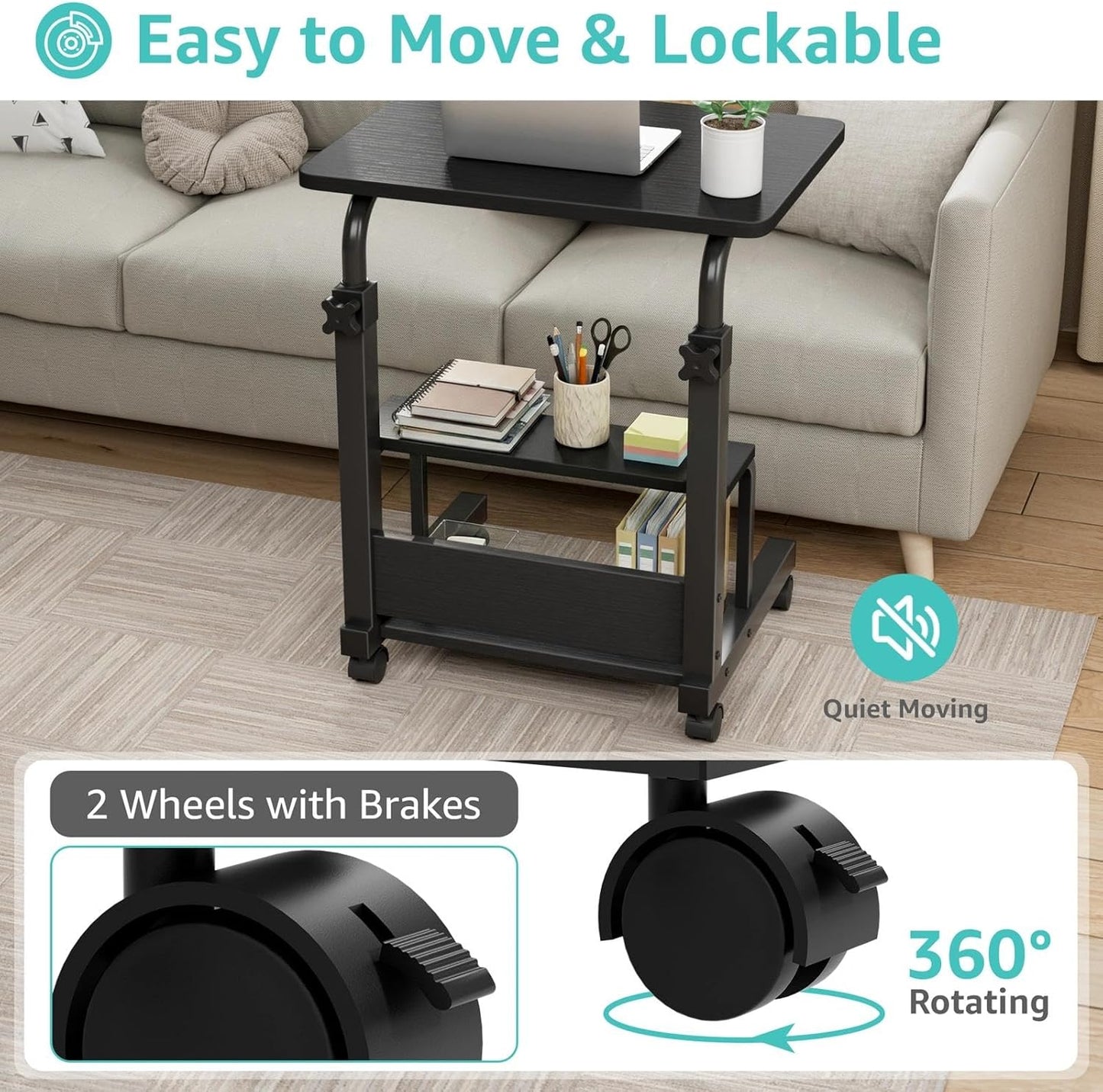 Small Rolling Desk for Small Spaces - 24" Portable Standing Desk with Wheels, Height Adjustable C Shaped Side Table Mobile Laptop Desks with 2-Tier Storage Shelves for Bed Sofa, Black