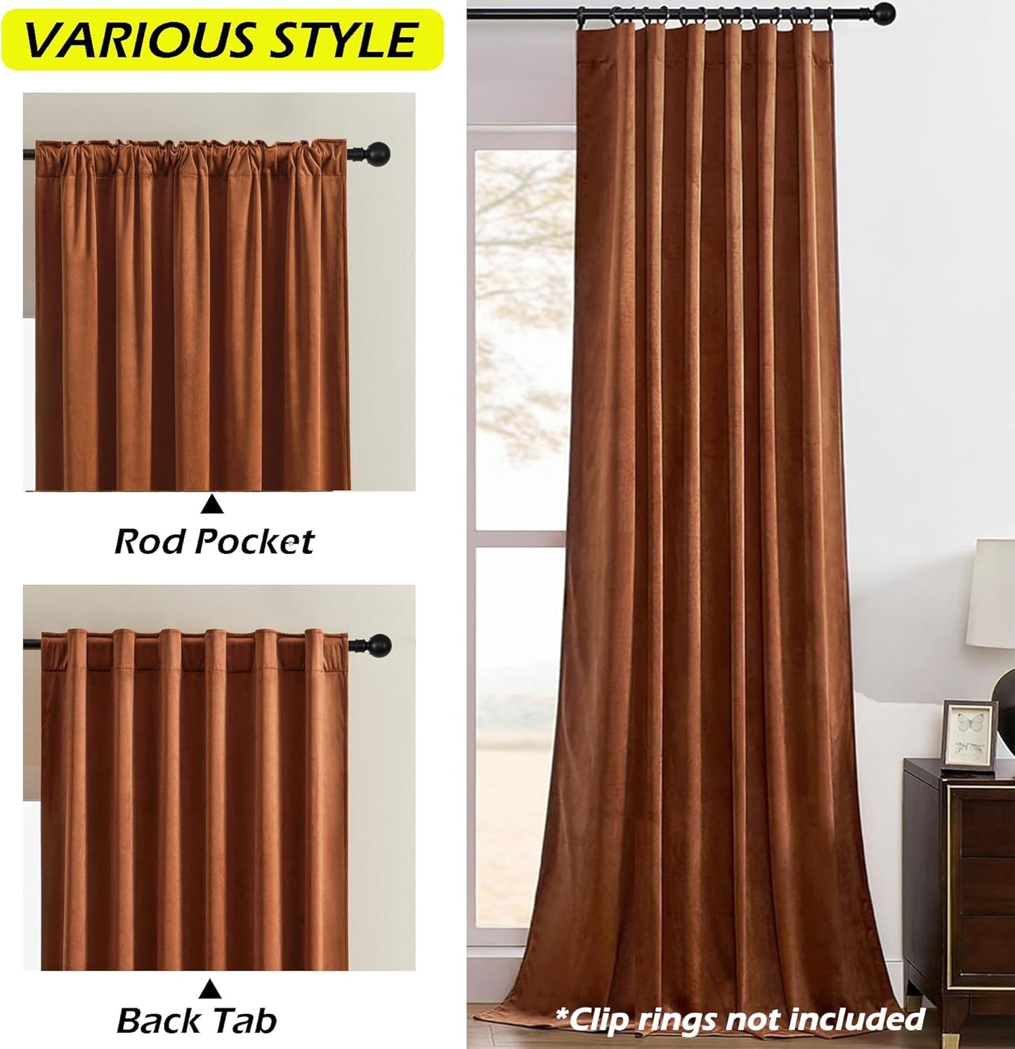 Timeper Burnt Orange Velvet Curtains - Light Blocking Luxury Fall Curtains for Nursery Bedroom Decor, Back Tab & Rod Pocket Privacy Window Treatment Set for Gallery/Store, W52 x L72, 2 Panels