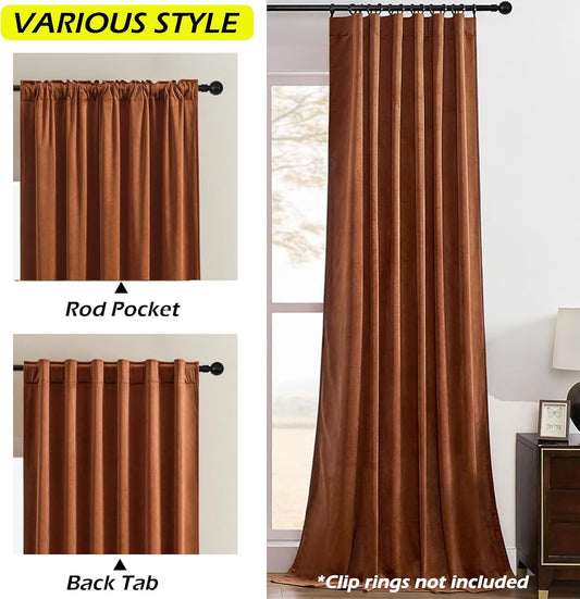 Timeper Burnt Orange Velvet Curtains - Light Blocking Luxury Fall Curtains for Nursery Bedroom Decor, Back Tab & Rod Pocket Privacy Window Treatment Set for Gallery/Store, W52 x L72, 2 Panels