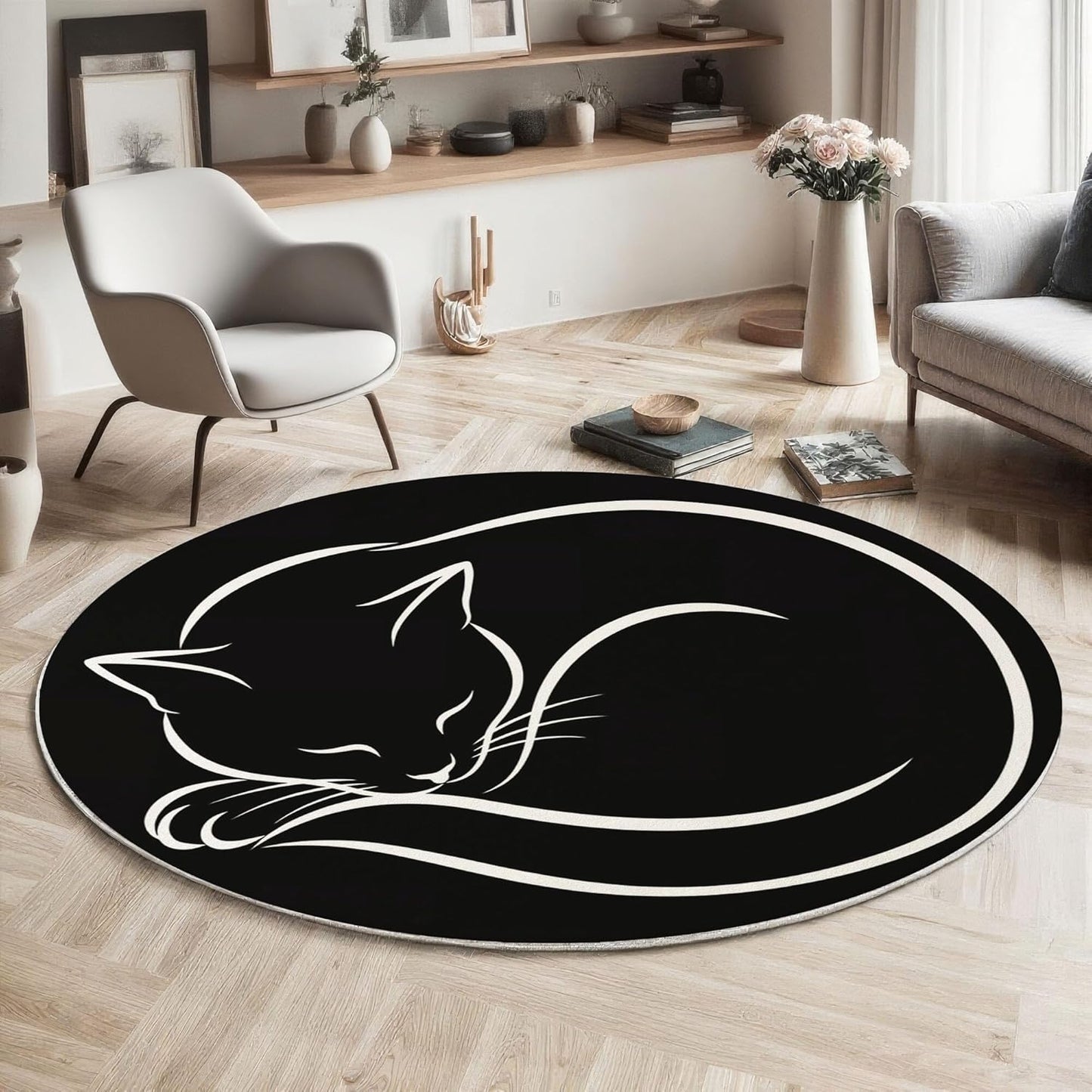 Round Area Rug, 4Ft Washable Non-Slip Black Simple Lines Cat Circle Rug, Soft Low-Pile Cute Animal Indoor Small Circular Carpet for Bedroom Entryway Dining Living Room