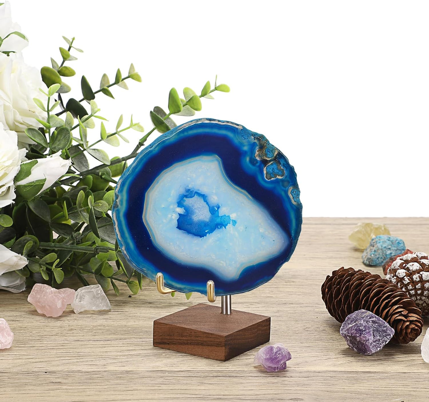 Hipiwe Adjustable Metal Arms Display Stand Easel with Wooden Base - Small Display Easel Holder for Displaying Fossil Coral Geodes Rock Mineral Agate Plate Seashell and Photos, 2"x2"x3.2"