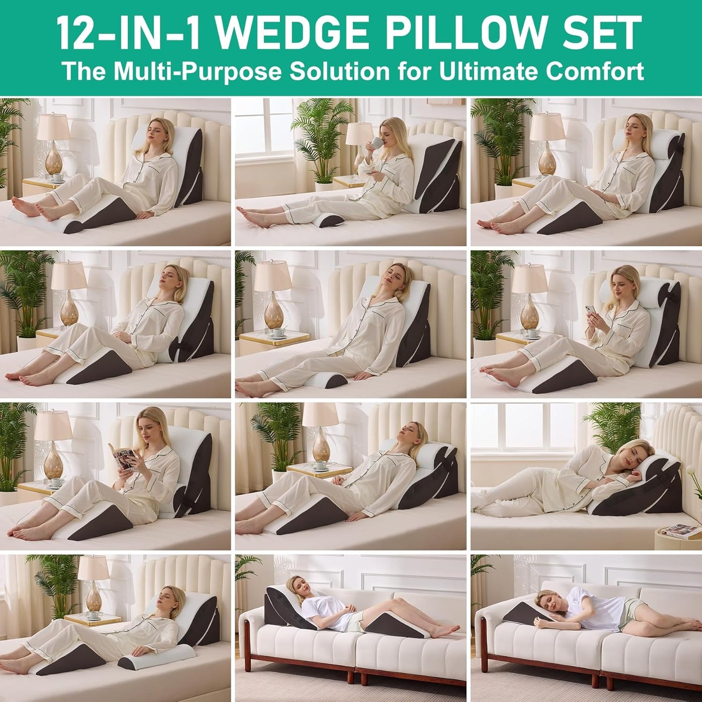 4PCS Wedge Pillow Set for After Surgery, Orthopedic Bed Wedge Pillow for Back Pain Relief, Sitting Up in Bed, Acid Reflux, Adjustable Post Surgery Pillows for GERD, Snoring, White/Grey
