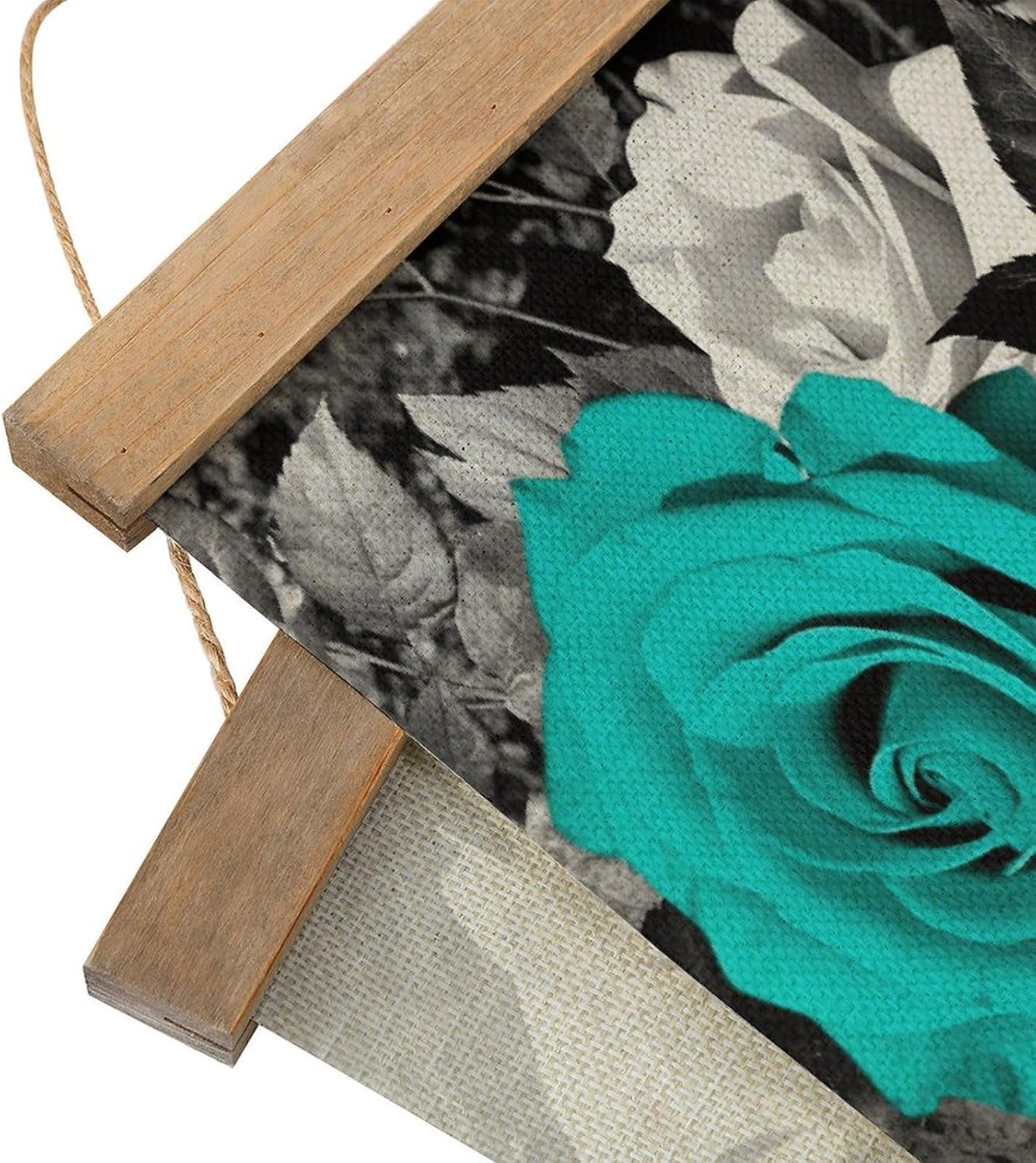 Vintage Black White Teal Gray Rose Flowers Poster with Wooden Frame Personalized Linen Hanging Scroll Painting Rustic Wall Hanging Illustrative Modern Artwork Decor for Home Living Room Bedroom Office