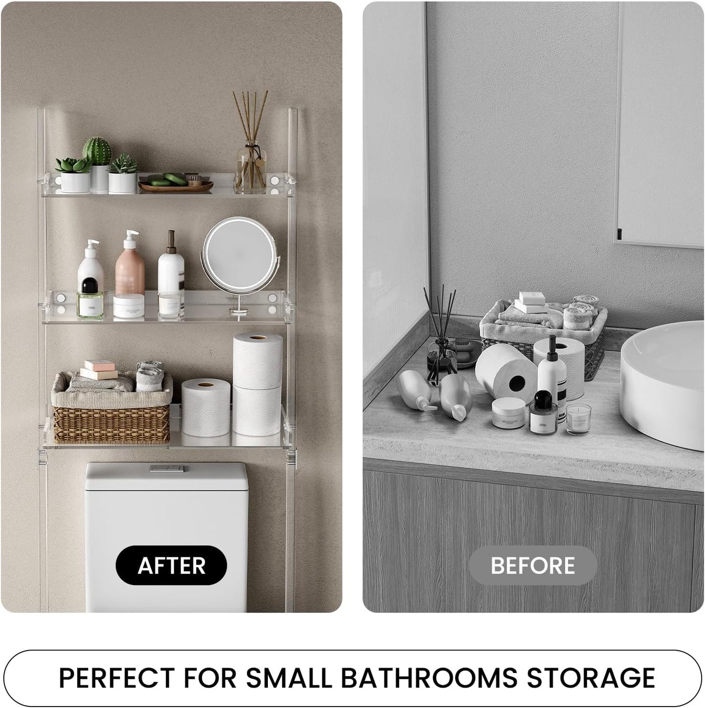 Sumerflos Acrylic Over The Toilet Ladder Shelf - 3 Tier Clear Over-The-Toilet Storage Bathroom Organizer Rack Leaning Space Saver for Bathroom Laundry Room Waterproof No Drilling Modern