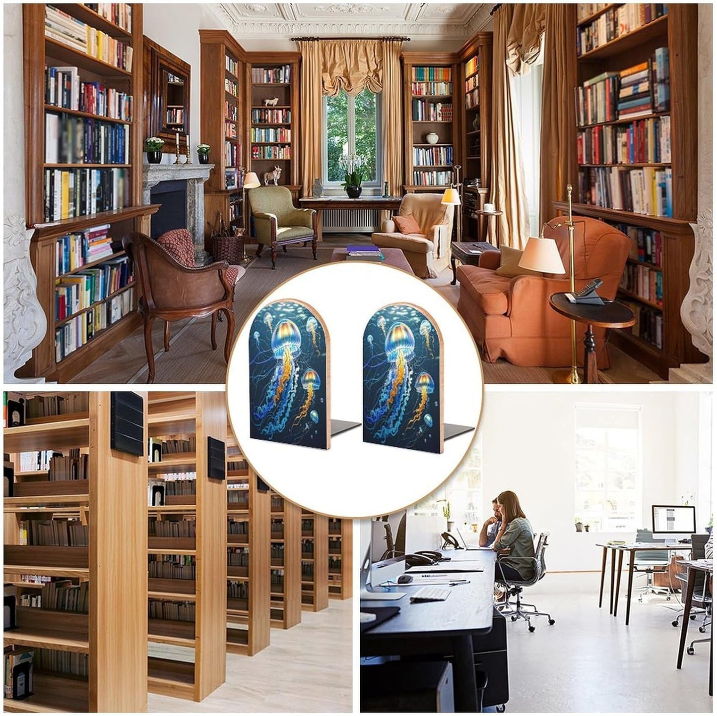 Color Jellyfish Bookends 1 Pair Heavy Duty Book Ends for Shelves Non-Skid Bookend Supports Wooden Book Holders with Metal Base Desk Organizers Books Storage to Hold Books
