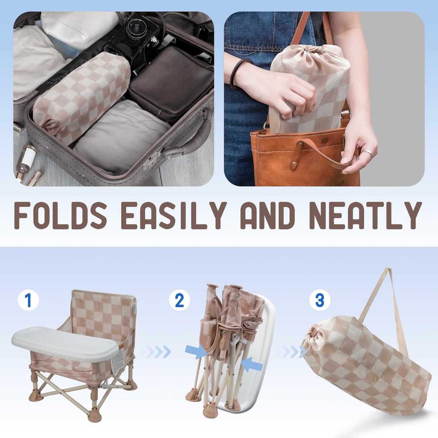 Tiny Marvels Portable 3-in-1 Baby Chair, Cozy Booster Seat, Baby Seat with Tray, Compact Foldable, Toddler Chair with Child Safety Belt Carry Bag, Perfect for Travel (Sand Checker)